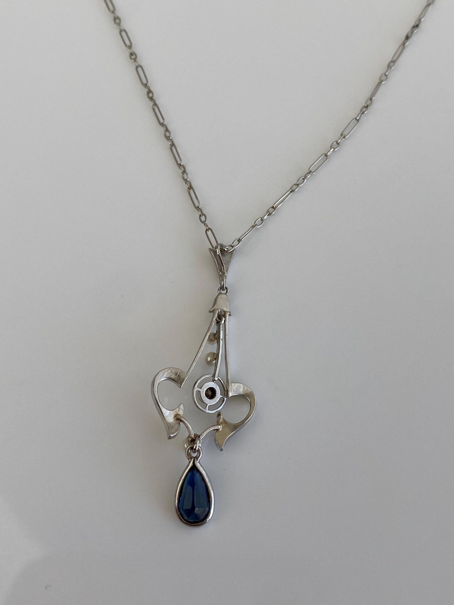 Solid Platinum Diamond Blue Sapphire Seed Pearls Fancy Chain Necklace - 15.5 inches