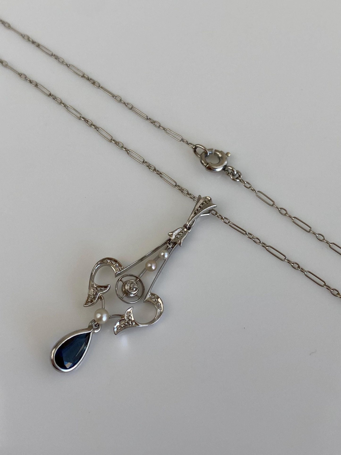 Solid Platinum Diamond Blue Sapphire Seed Pearls Fancy Chain Necklace - 15.5 inches