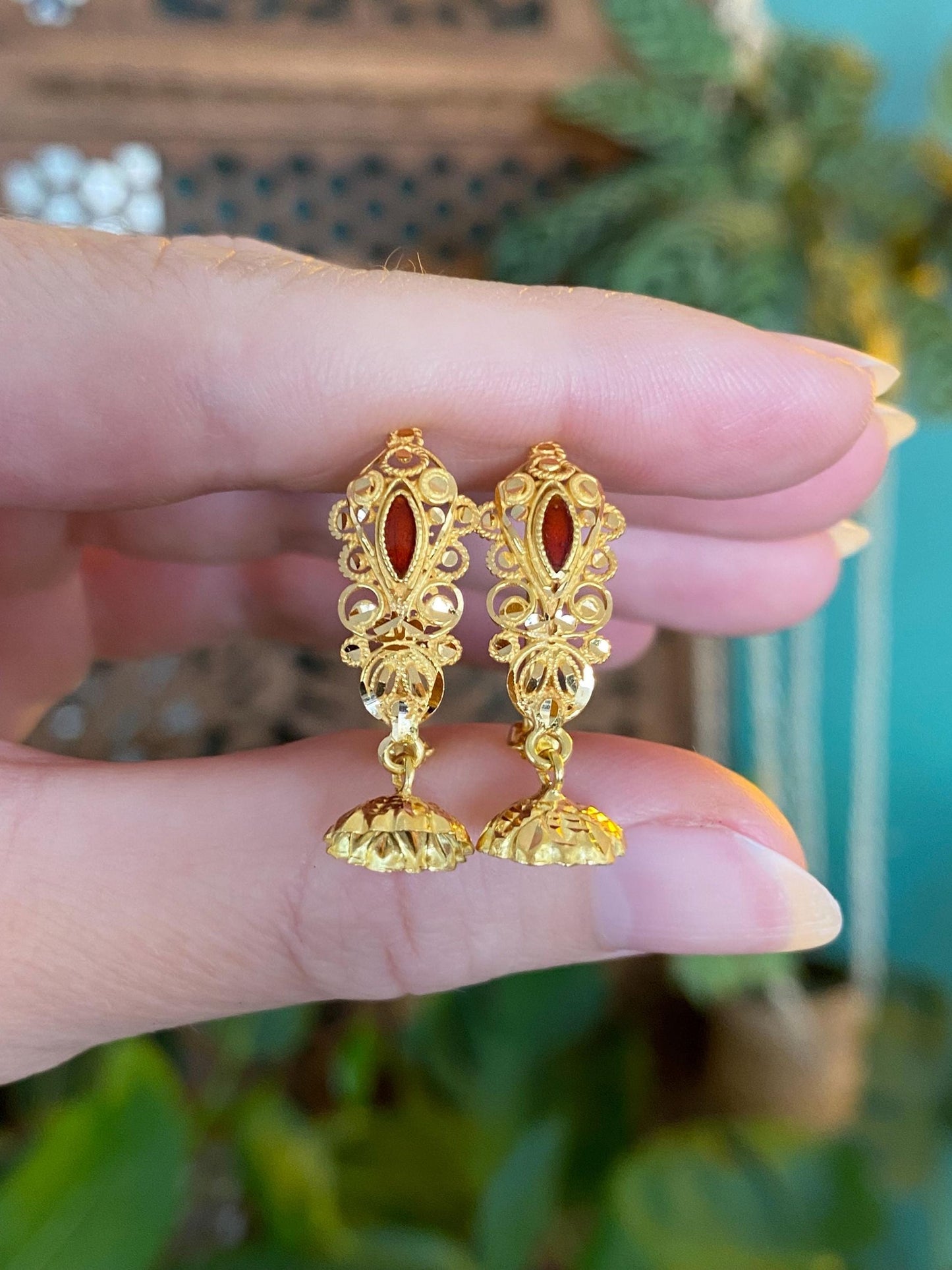 Vintage Solid 20k Yellow Gold Red Enamel Dangle Earrings