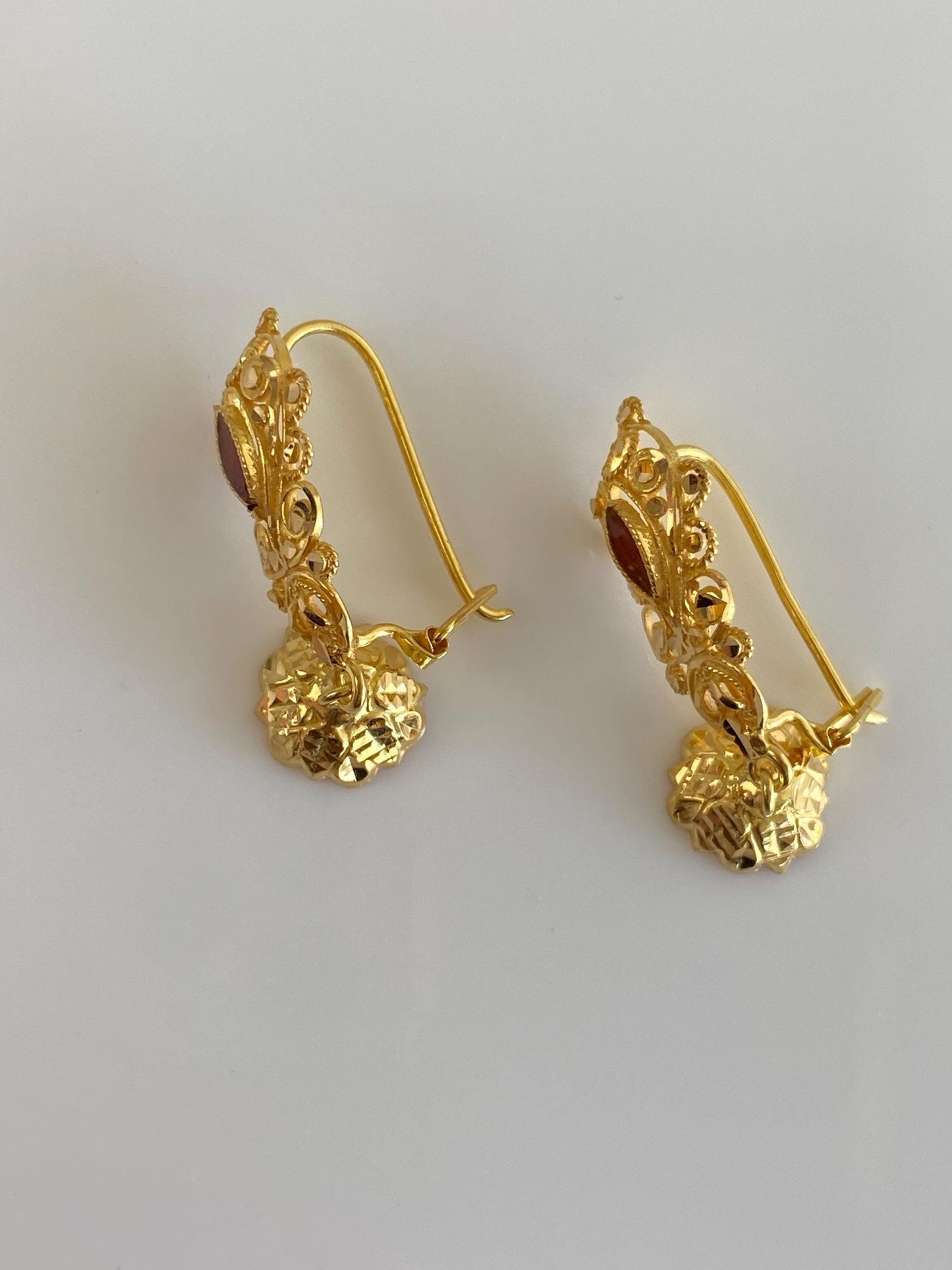 Vintage Solid 20k Yellow Gold Red Enamel Dangle Earrings