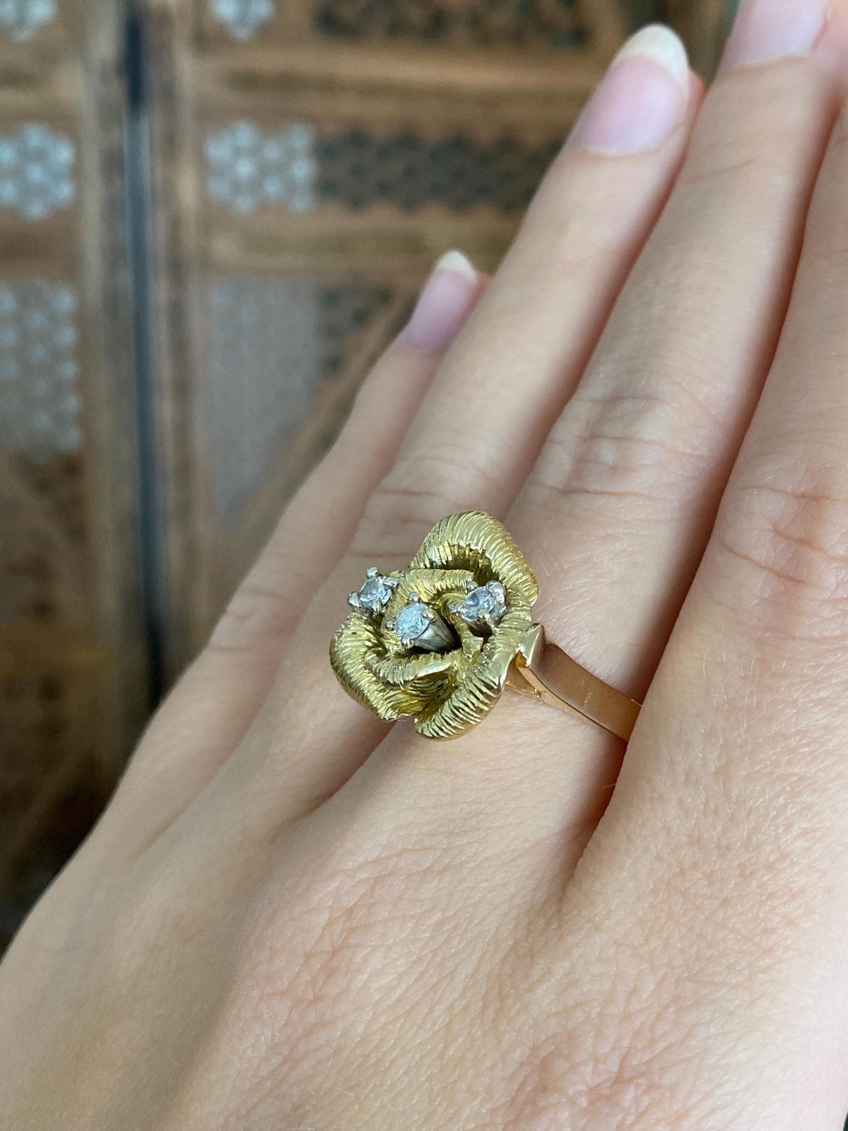 Vintage Solid 18k Yellow Gold Diamond Rose Ring - Size 8.5