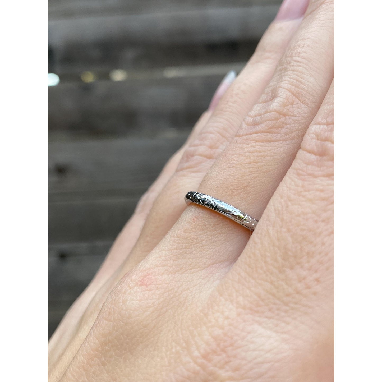 Vintage Solid 14k White Gold Designed Miligrain Ring Band - Size 7