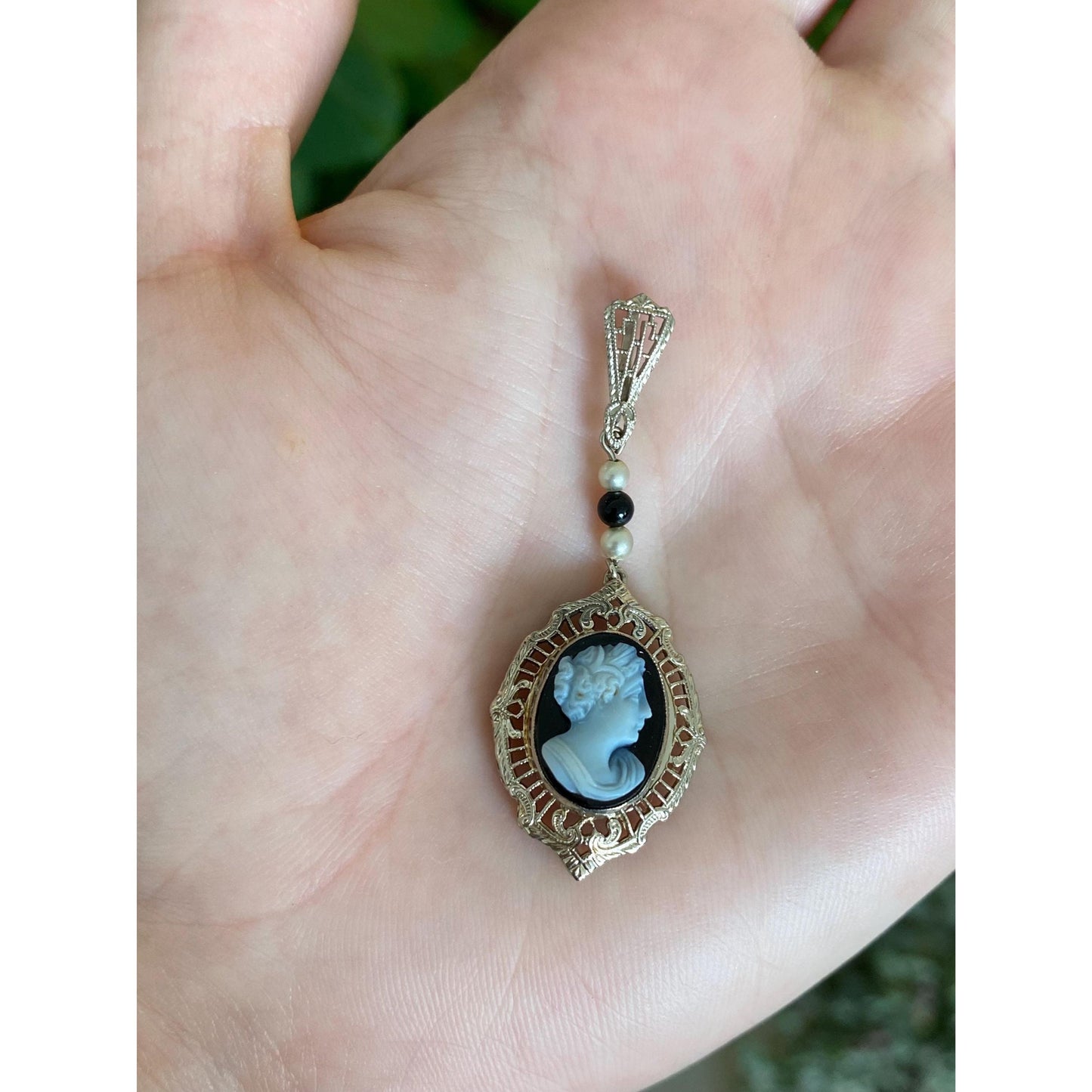 Vintage Solid 14k White Gold Cameo Seed Pearls Charm