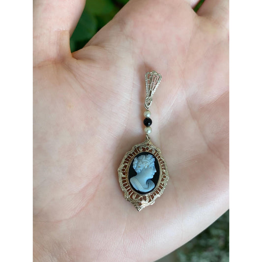 Vintage Solid 14k White Gold Cameo Seed Pearls Charm