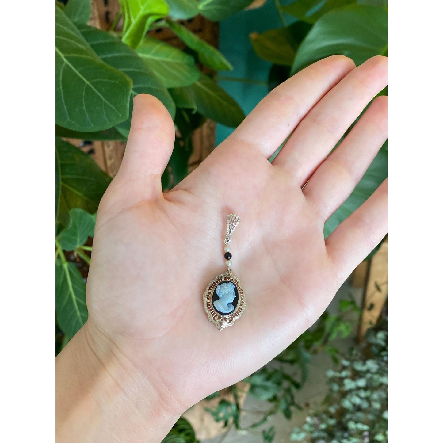 Vintage Solid 14k White Gold Cameo Seed Pearls Charm