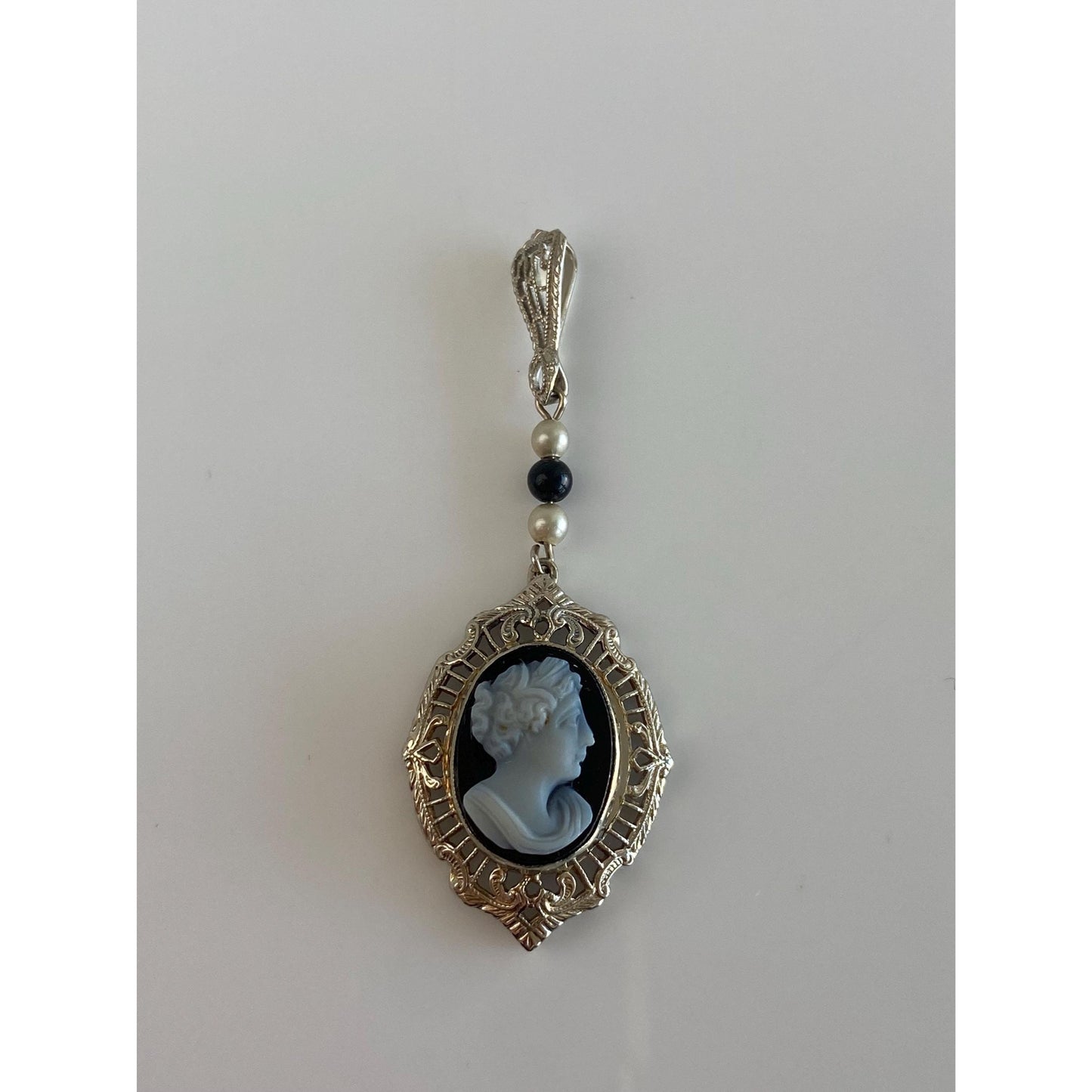 Vintage Solid 14k White Gold Cameo Seed Pearls Charm
