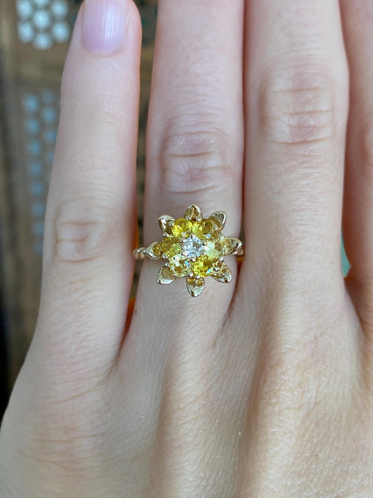 Vintage Solid 12k Yellow Gold Diamond Yellow Sapphire Halo Flower Ring - Size 4.25