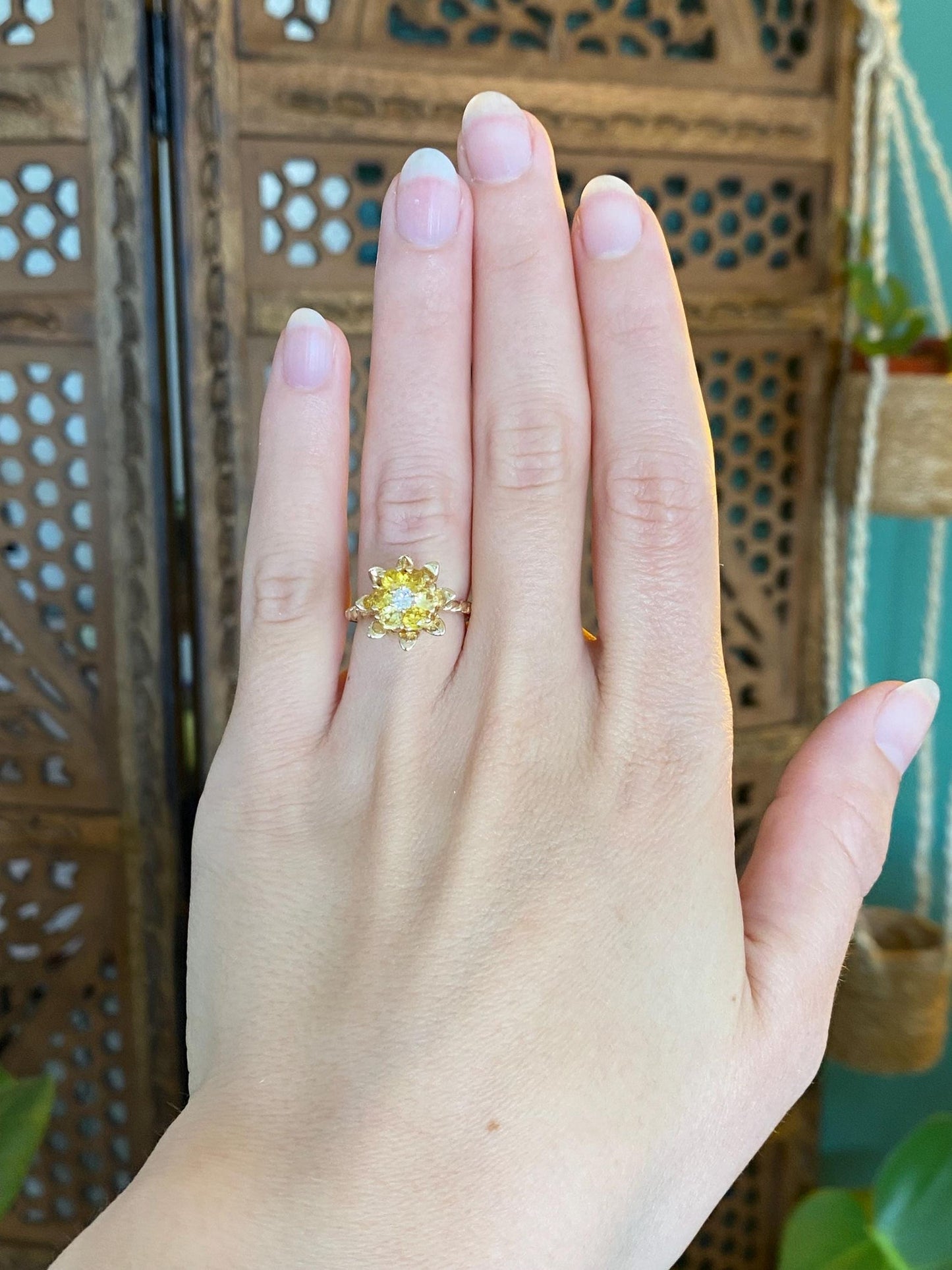 Vintage Solid 12k Yellow Gold Diamond Yellow Sapphire Halo Flower Ring - Size 4.25