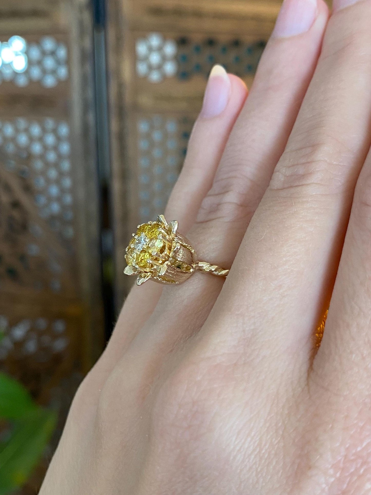 Vintage Solid 12k Yellow Gold Diamond Yellow Sapphire Halo Flower Ring - Size 4.25