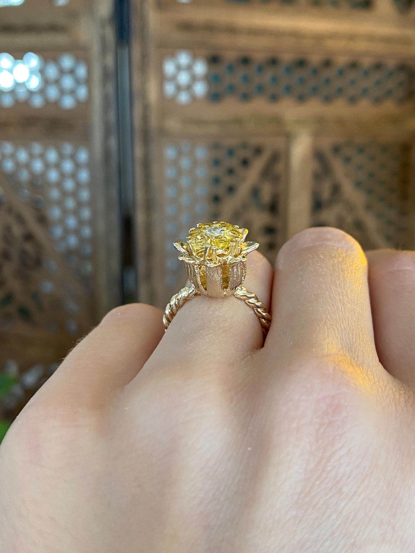 Vintage Solid 12k Yellow Gold Diamond Yellow Sapphire Halo Flower Ring - Size 4.25