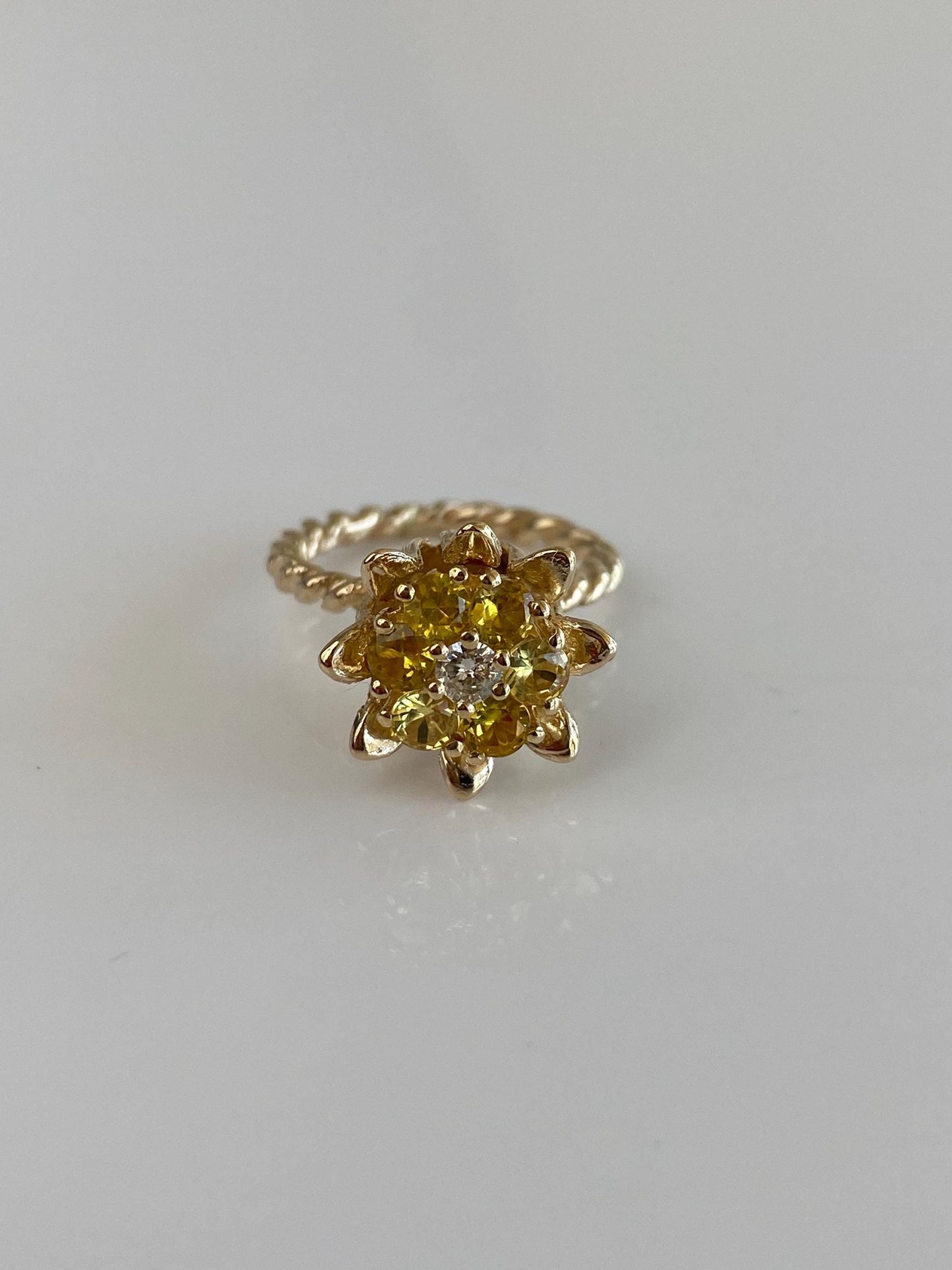Vintage Solid 12k Yellow Gold Diamond Yellow Sapphire Halo Flower Ring - Size 4.25