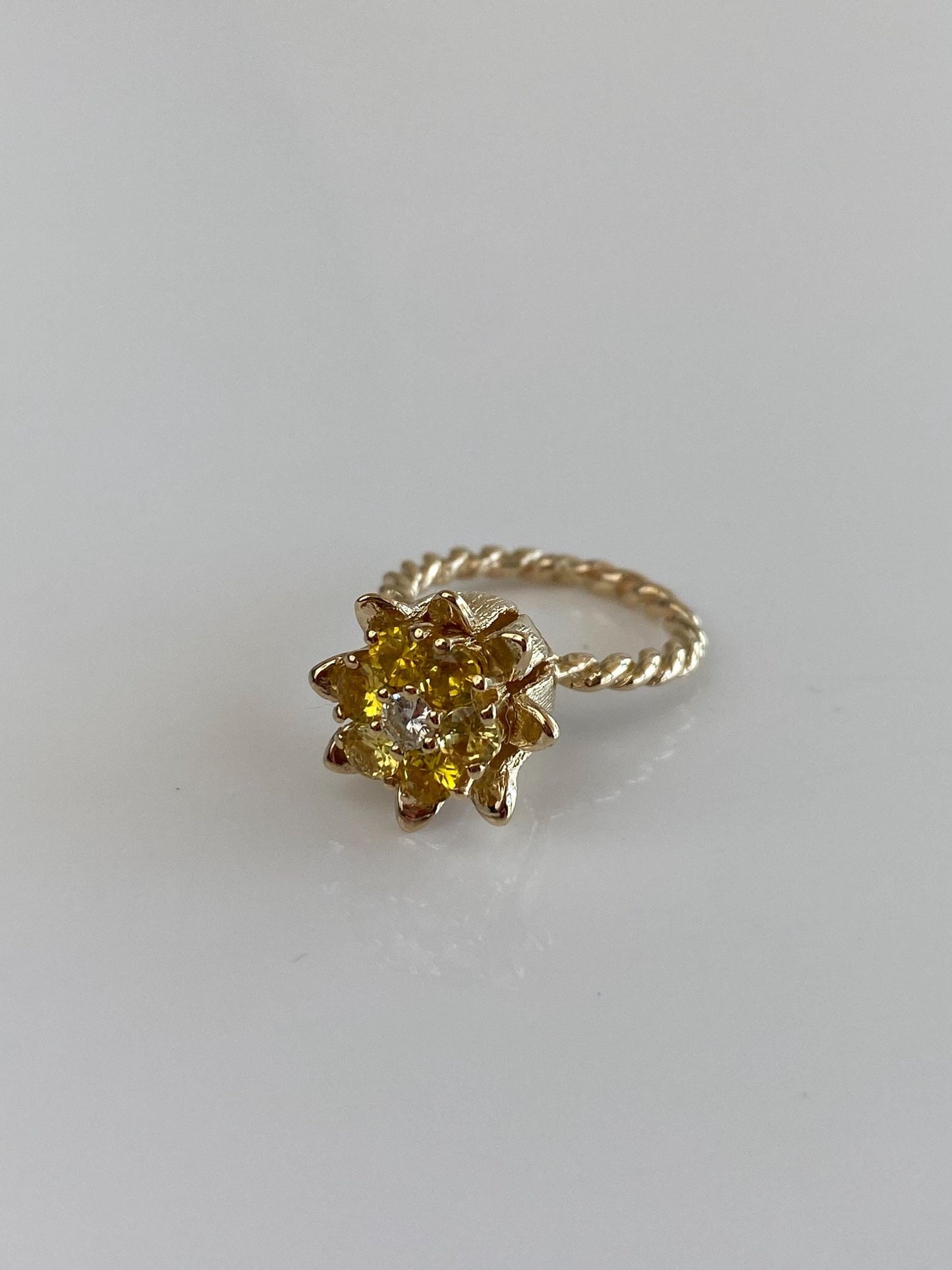 Vintage Solid 12k Yellow Gold Diamond Yellow Sapphire Halo Flower Ring - Size 4.25