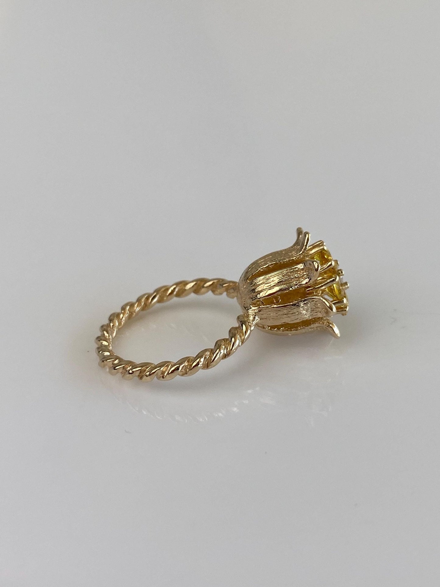 Vintage Solid 12k Yellow Gold Diamond Yellow Sapphire Halo Flower Ring - Size 4.25