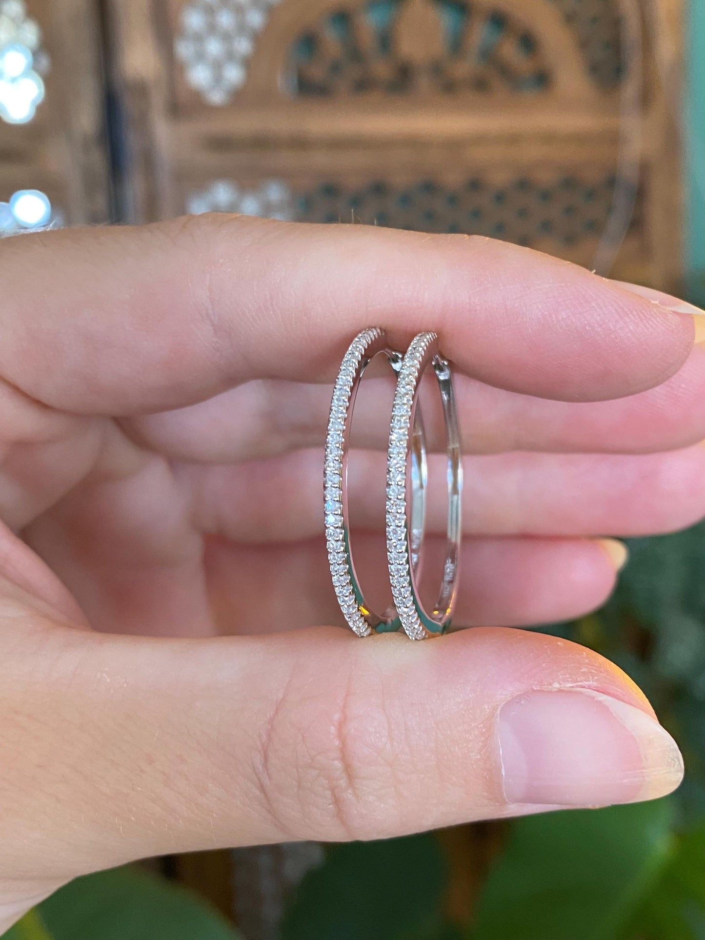 Vintage Solid 14k White Gold Diamond Hoop Earrings
