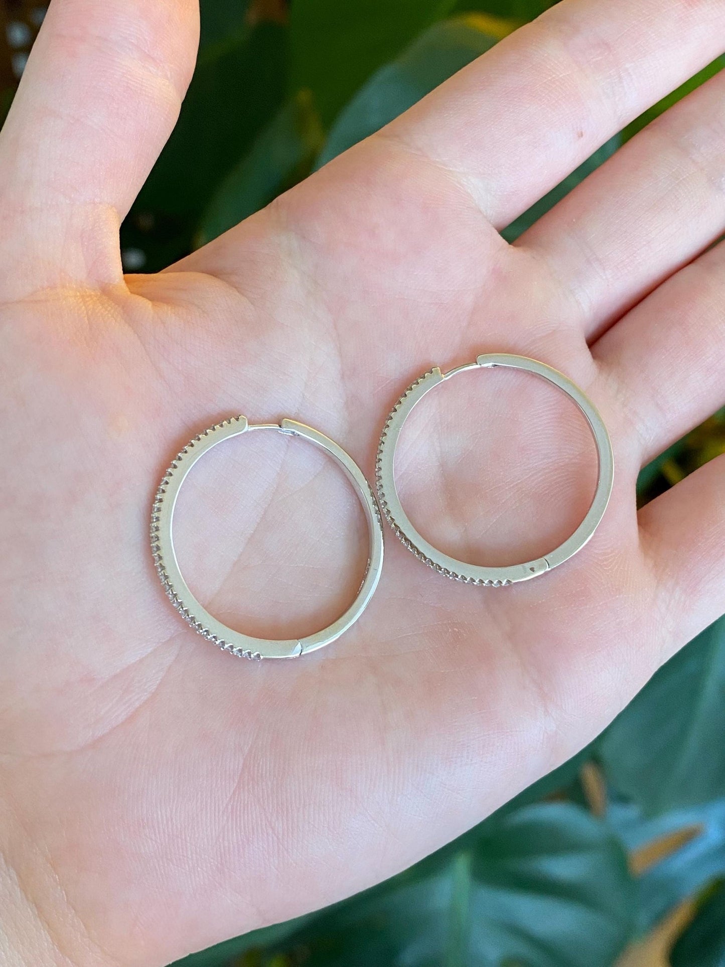 Vintage Solid 14k White Gold Diamond Hoop Earrings