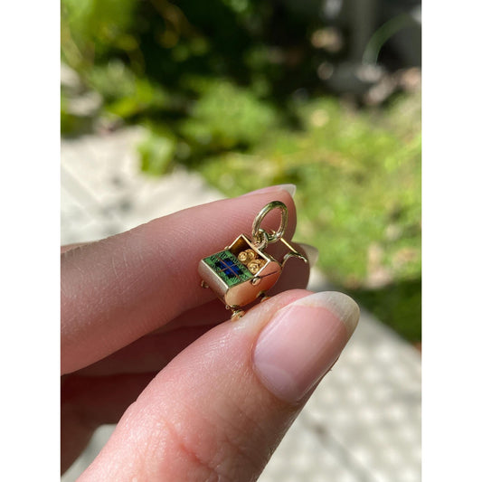 Vintage Solid 14k Yellow Gold Enamel Baby Carriage Charm