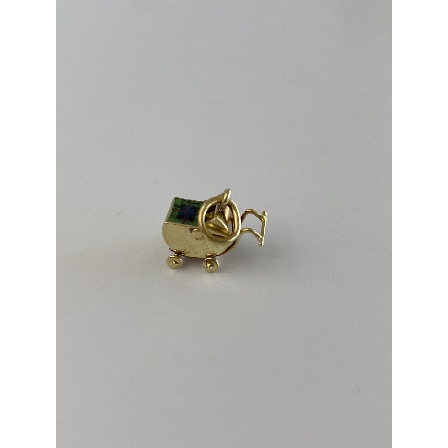 Vintage Solid 14k Yellow Gold Enamel Baby Carriage Charm