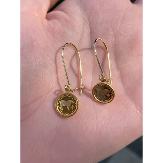 Vintage Solid 18k & 24k Yellow Gold Chinese Coin Dangle Earrings