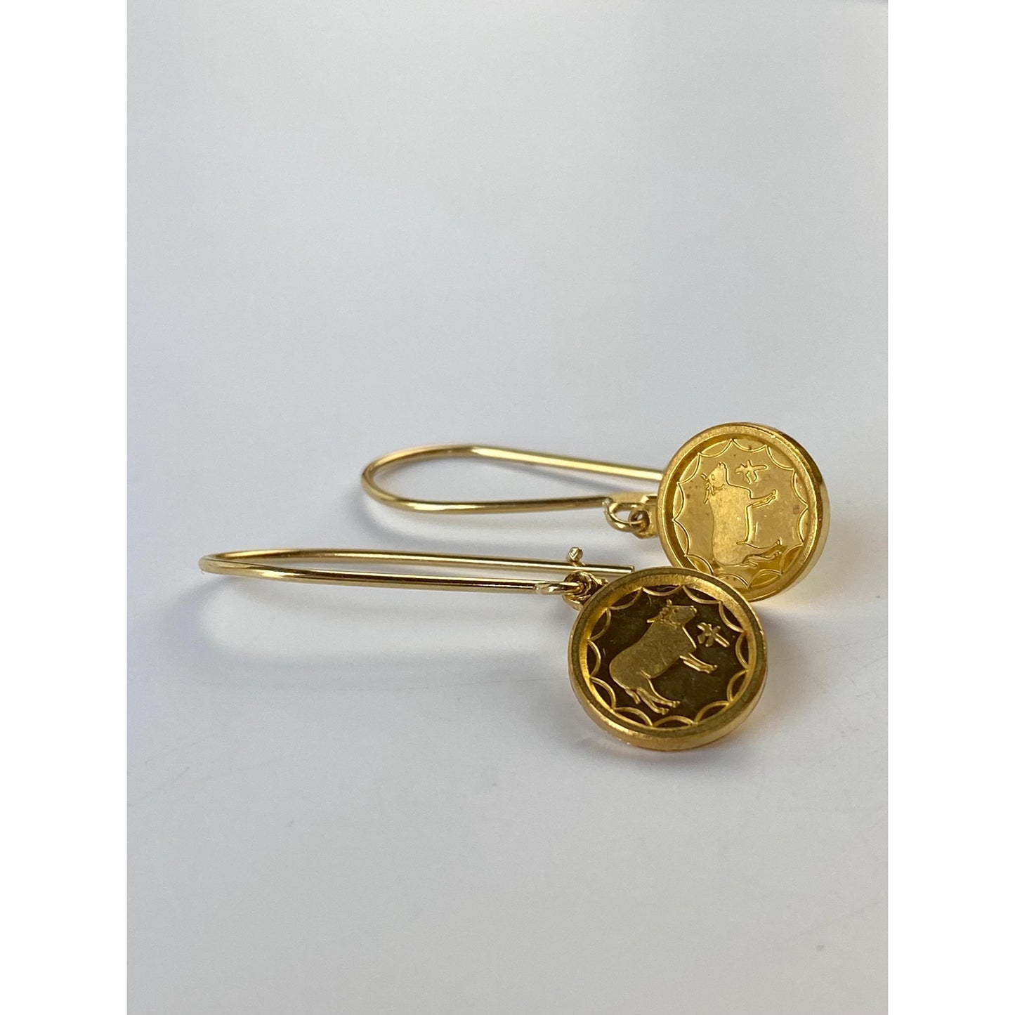 Vintage Solid 18k & 24k Yellow Gold Chinese Coin Dangle Earrings
