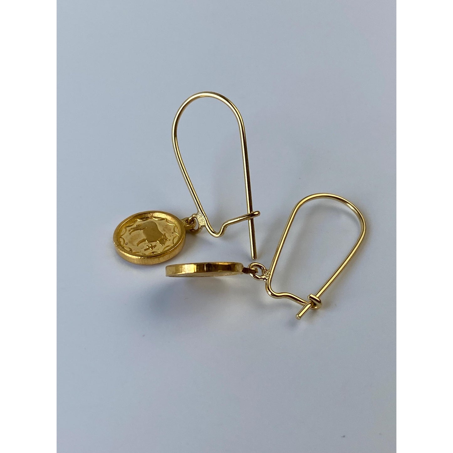 Vintage Solid 18k & 24k Yellow Gold Chinese Coin Dangle Earrings