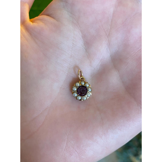 Vintage Solid 10k Yellow Gold Seed Pearl Halo Purple Cubic Zirconia Charm