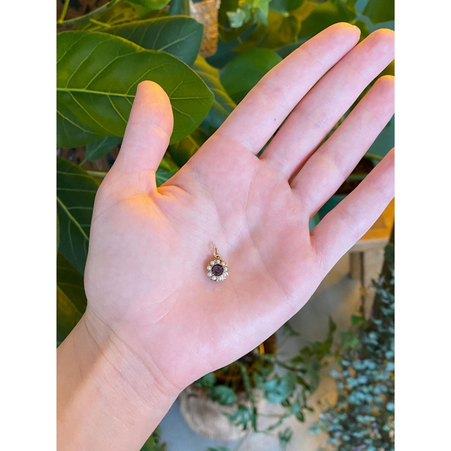 Vintage Solid 10k Yellow Gold Seed Pearl Halo Purple Cubic Zirconia Charm