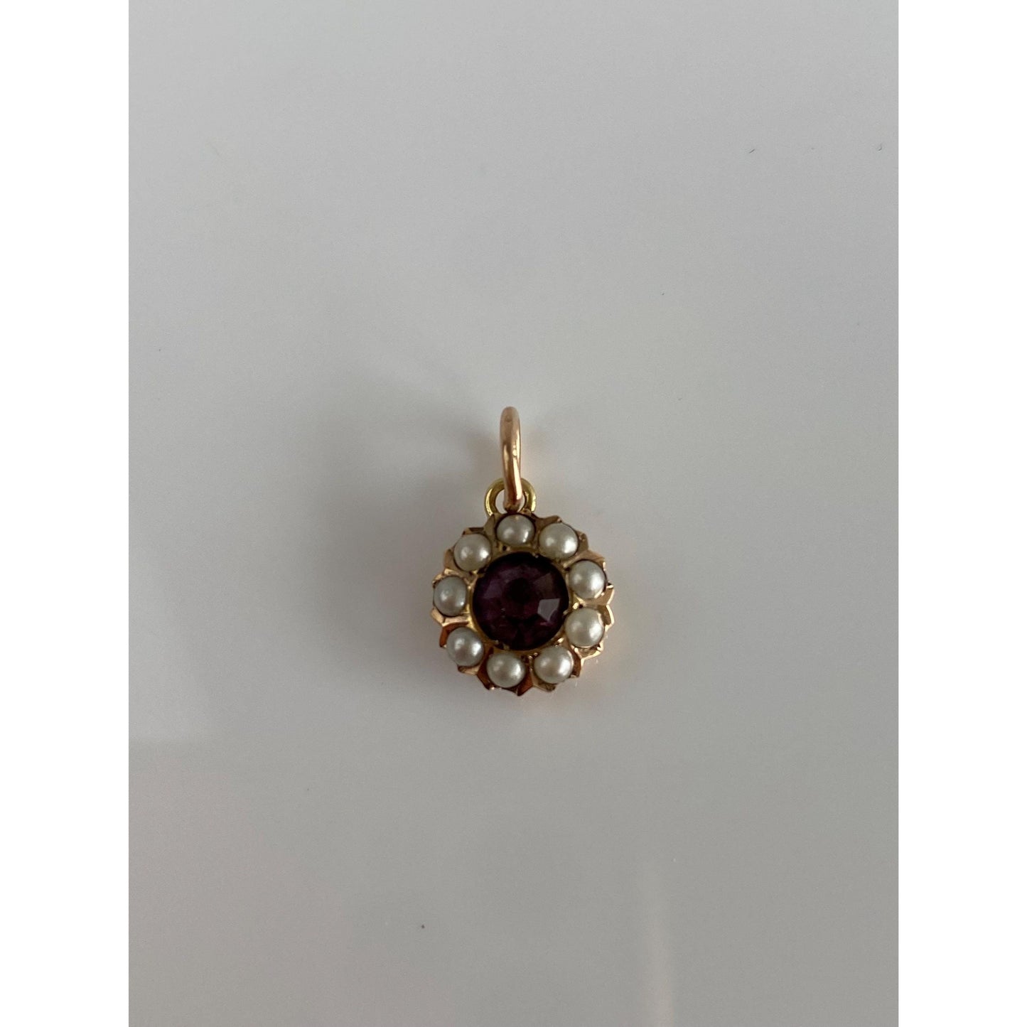 Vintage Solid 10k Yellow Gold Seed Pearl Halo Purple Cubic Zirconia Charm