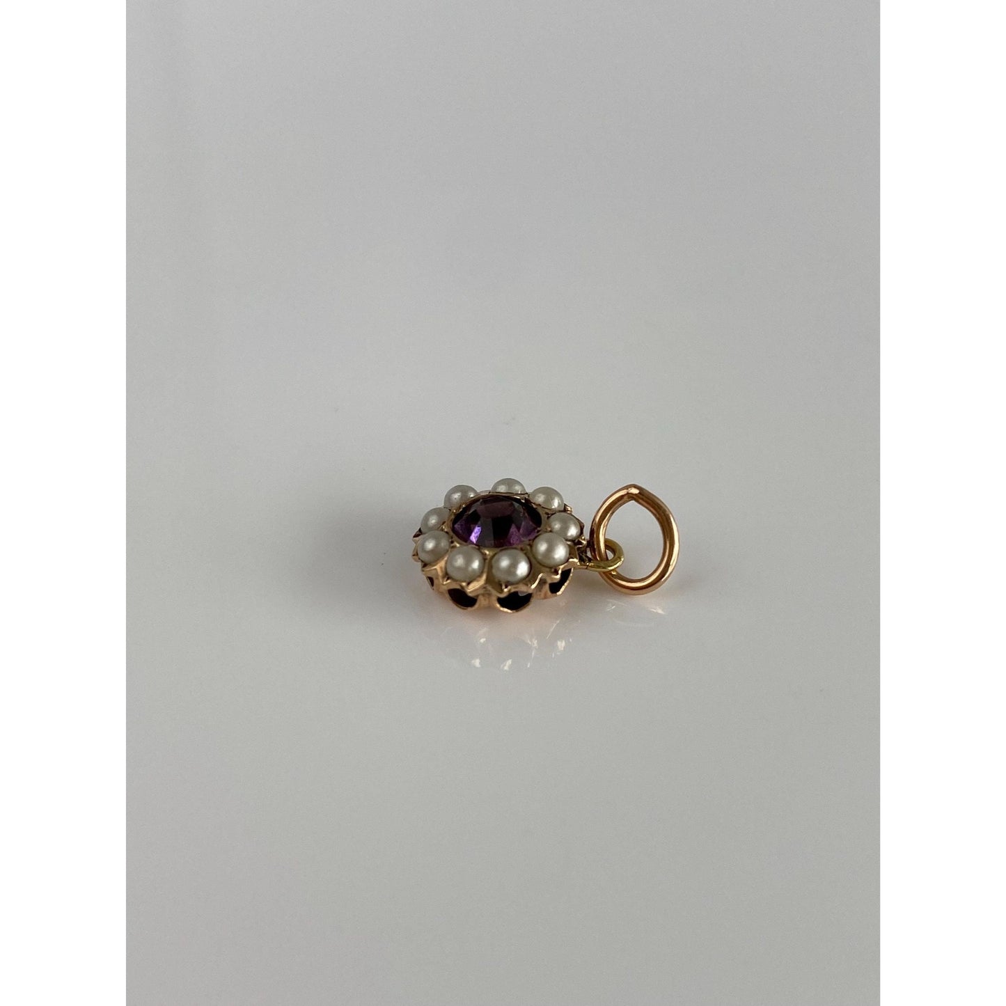 Vintage Solid 10k Yellow Gold Seed Pearl Halo Purple Cubic Zirconia Charm