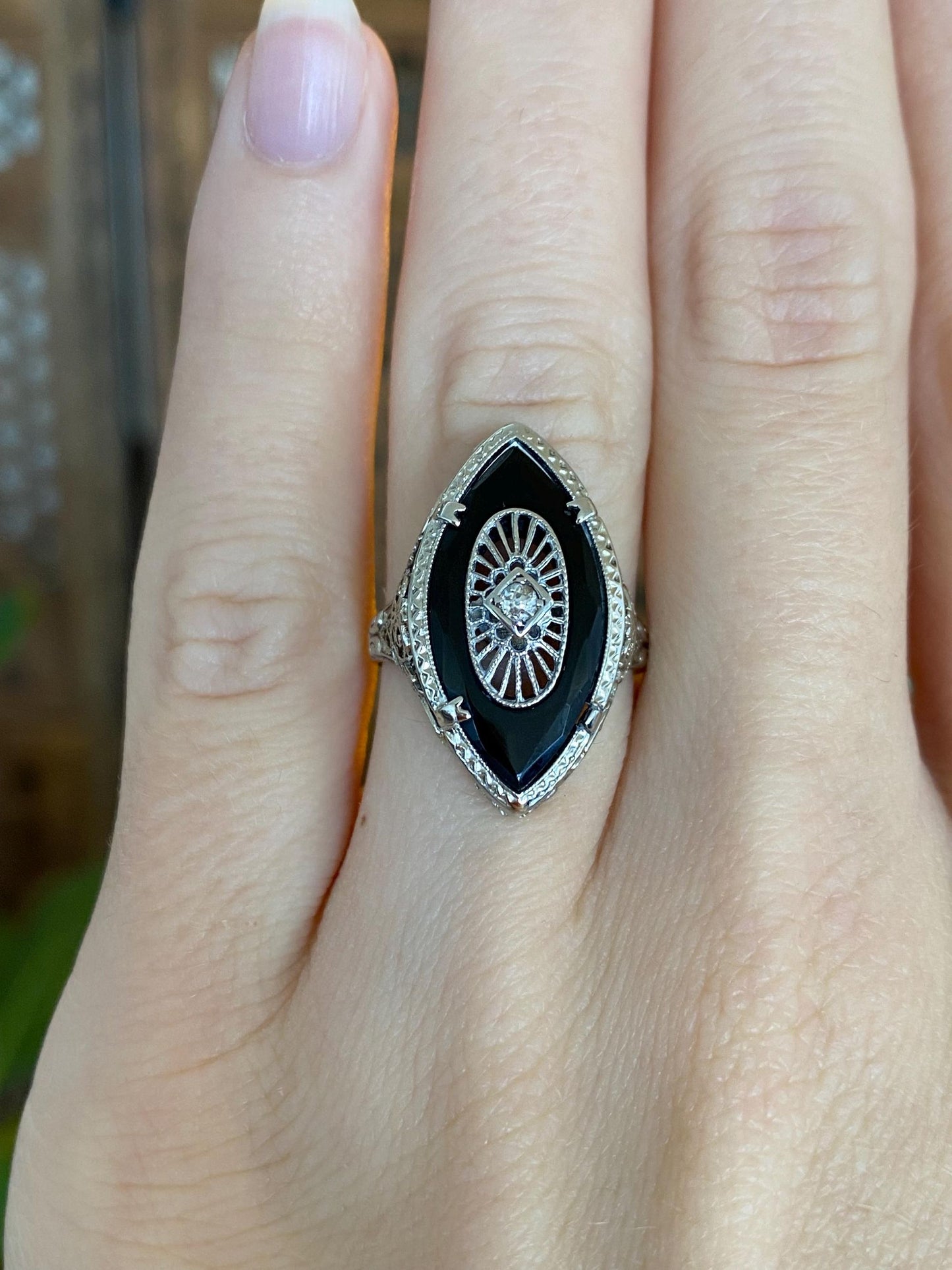 Vintage Solid 14k White Gold Diamond Rose Cut Onyx Art Deco Ring - Size 5.5