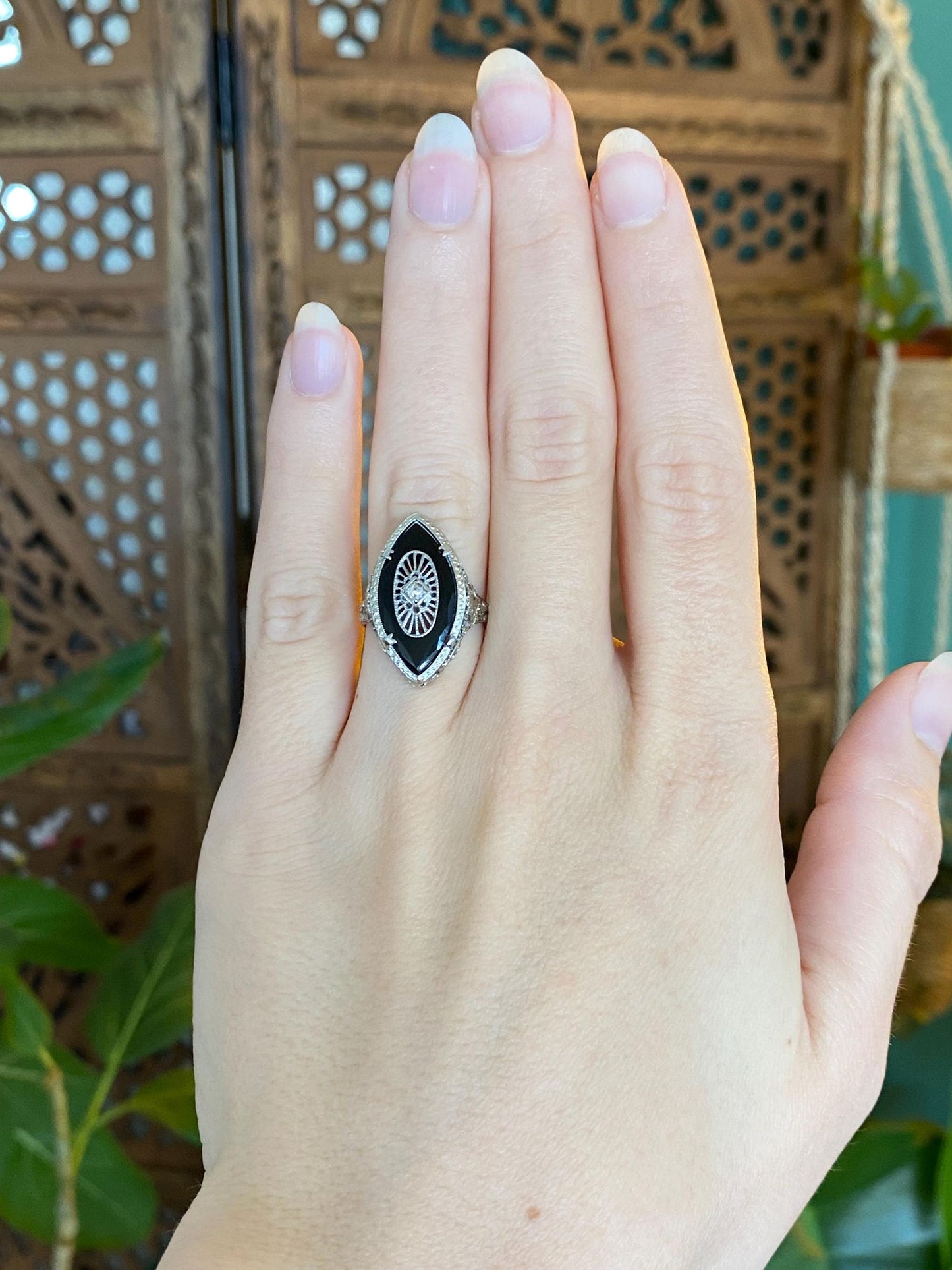 Vintage Solid 14k White Gold Diamond Rose Cut Onyx Art Deco Ring - Size 5.5