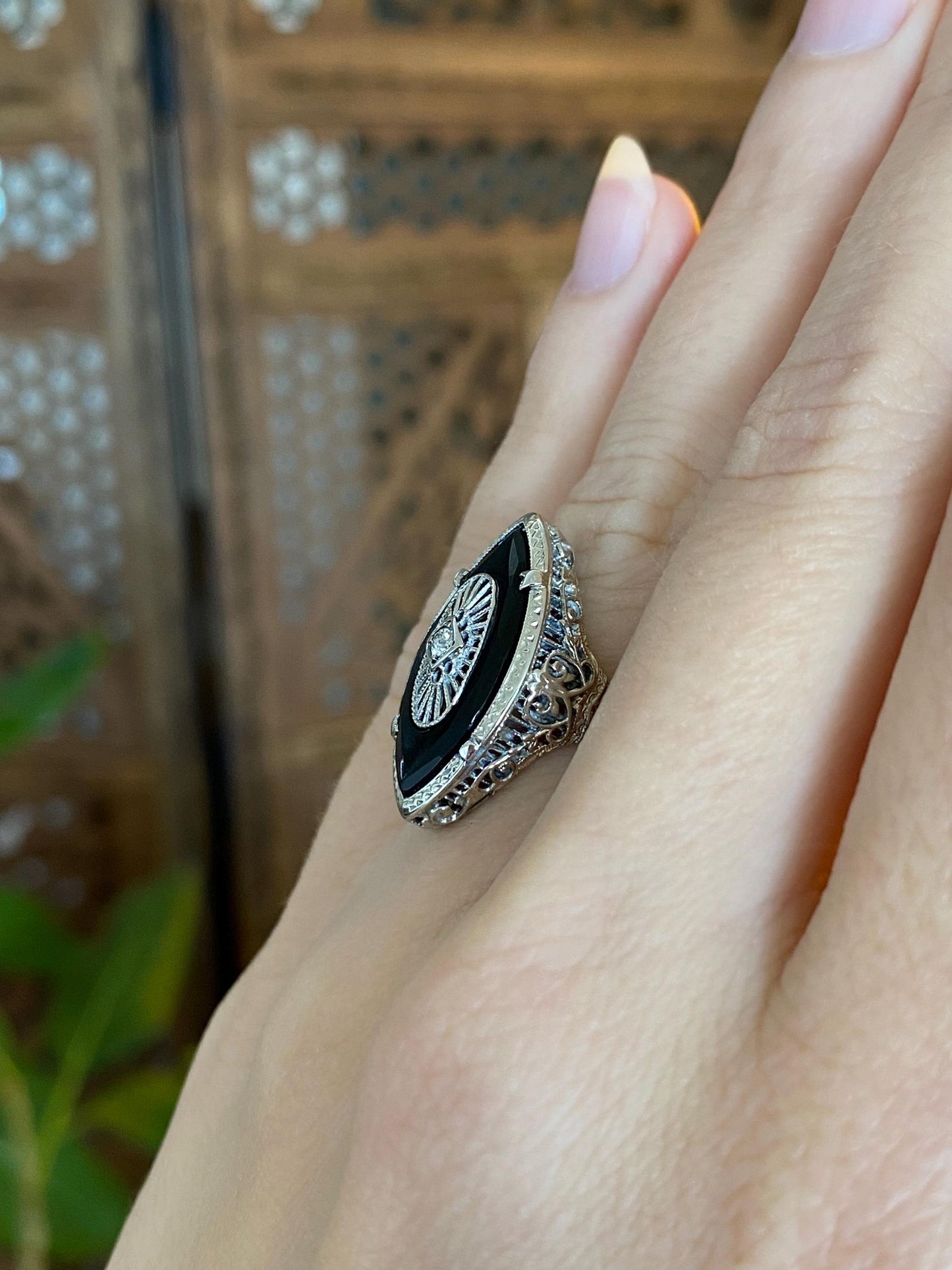 Vintage Solid 14k White Gold Diamond Rose Cut Onyx Art Deco Ring - Size 5.5