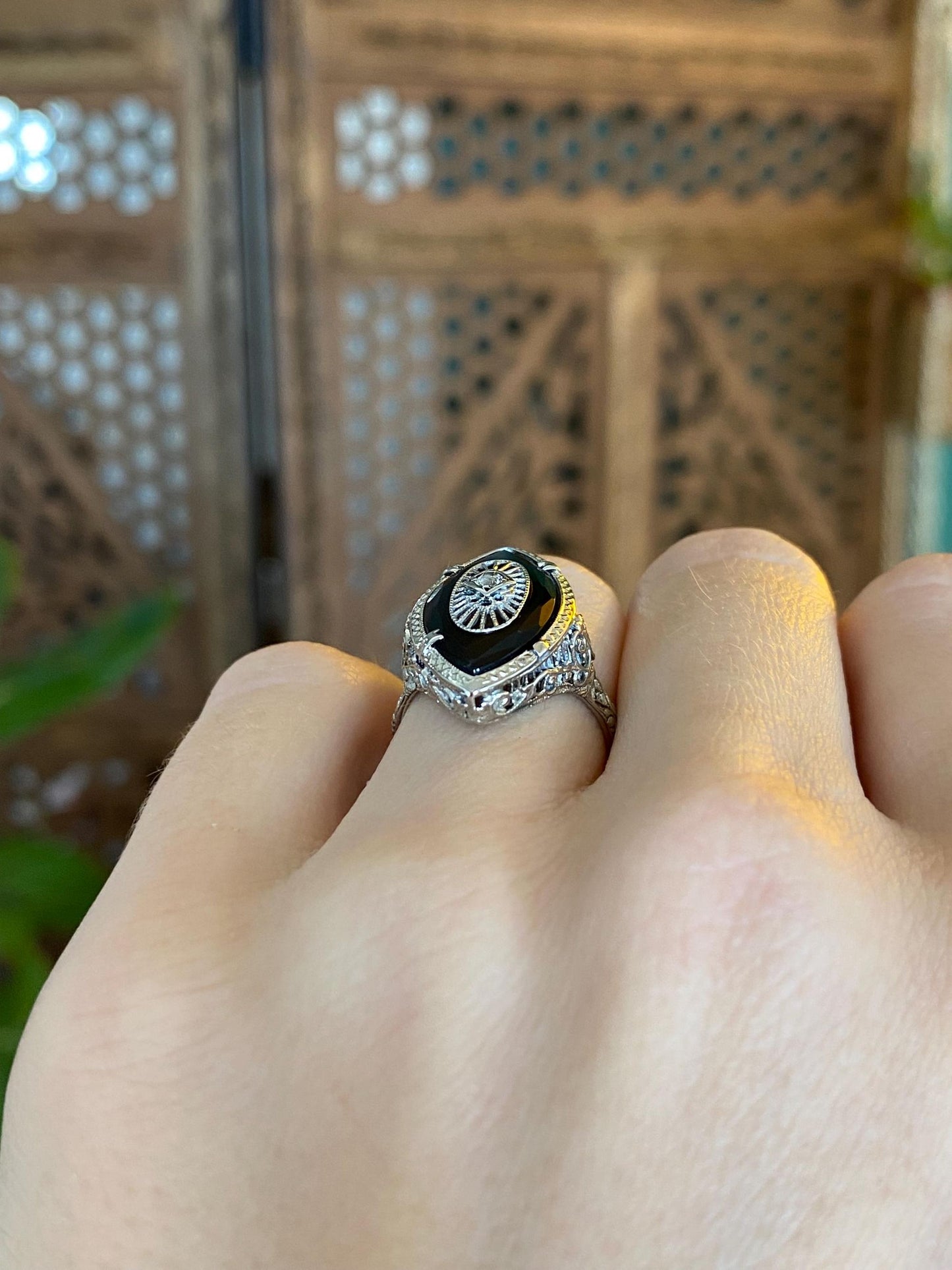 Vintage Solid 14k White Gold Diamond Rose Cut Onyx Art Deco Ring - Size 5.5