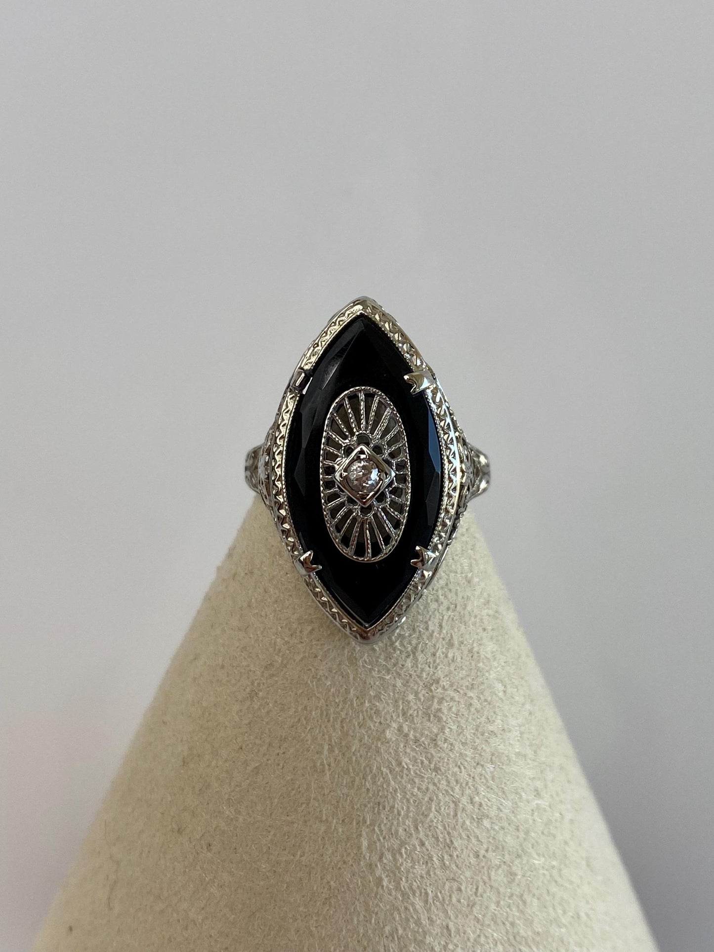 Vintage Solid 14k White Gold Diamond Rose Cut Onyx Art Deco Ring - Size 5.5