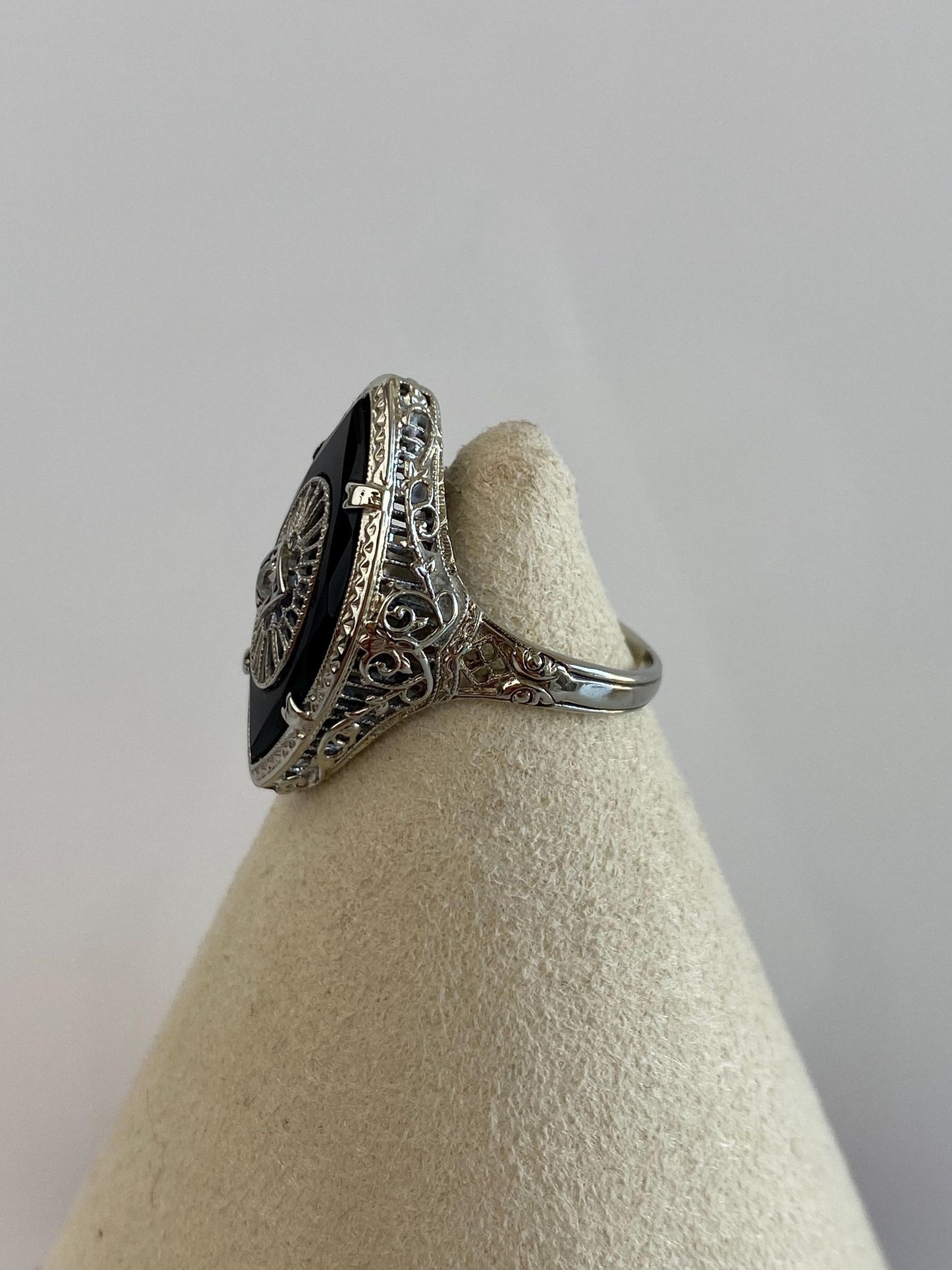 Vintage Solid 14k White Gold Diamond Rose Cut Onyx Art Deco Ring - Size 5.5