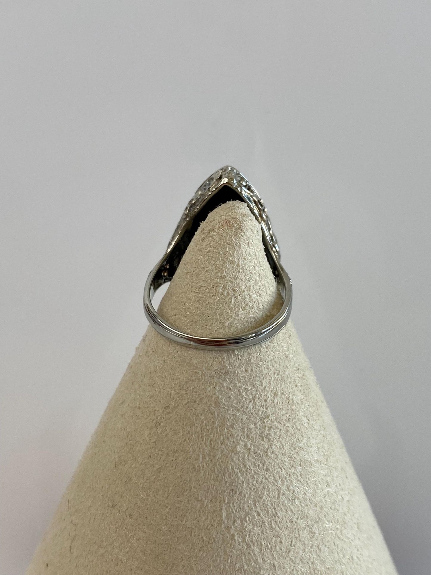 Vintage Solid 14k White Gold Diamond Rose Cut Onyx Art Deco Ring - Size 5.5