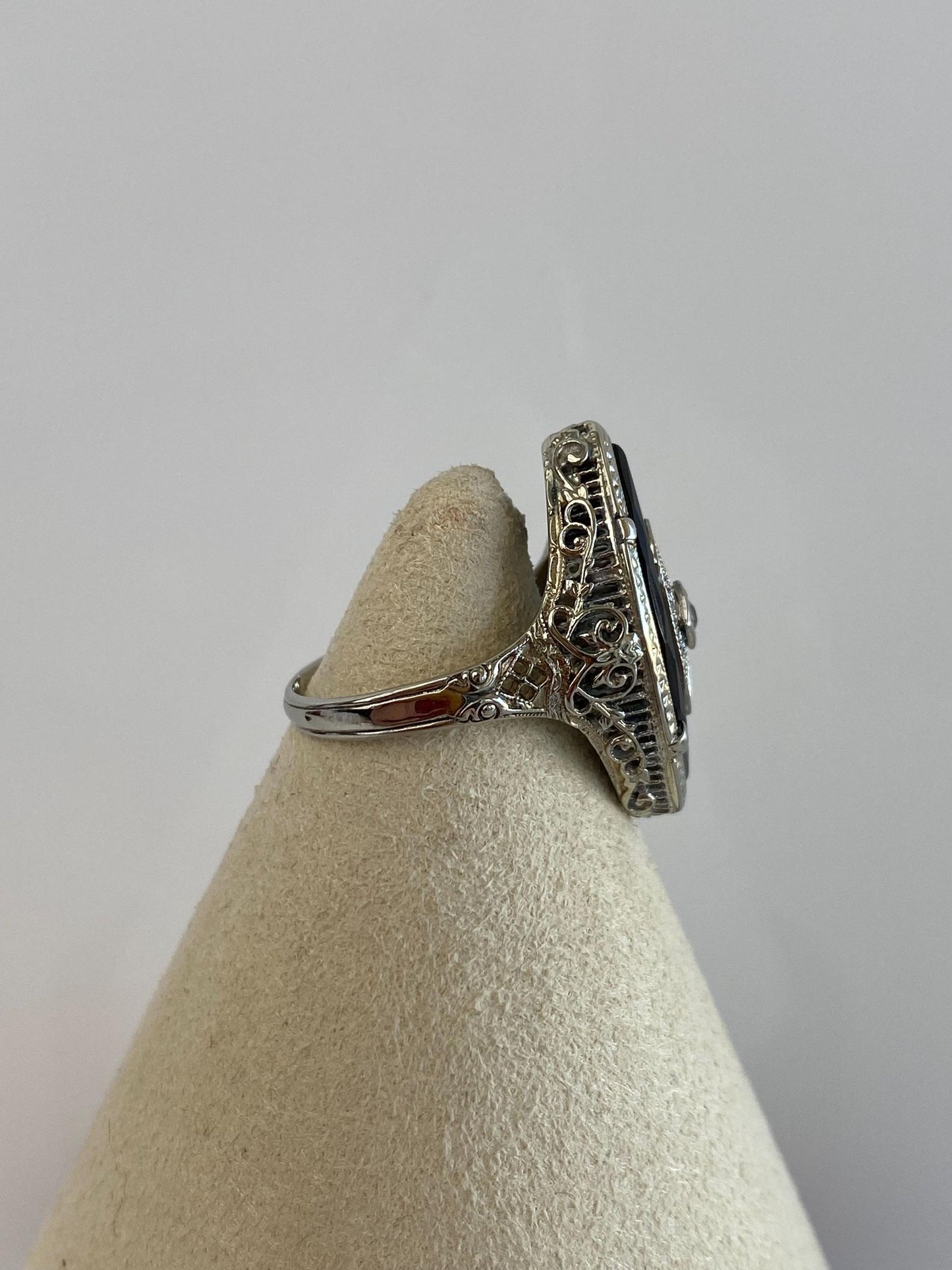 Vintage Solid 14k White Gold Diamond Rose Cut Onyx Art Deco Ring - Size 5.5