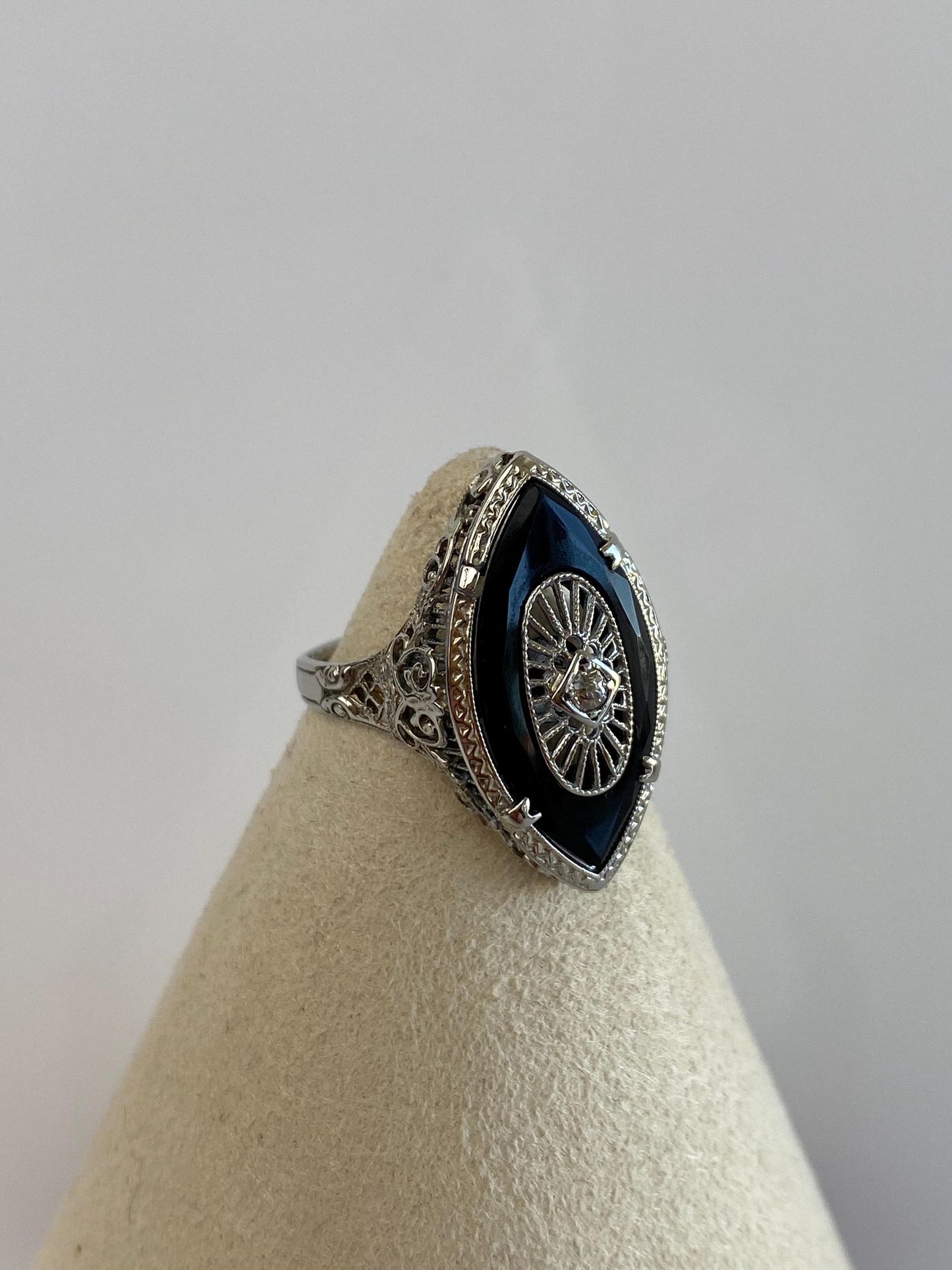 Vintage Solid 14k White Gold Diamond Rose Cut Onyx Art Deco Ring - Size 5.5