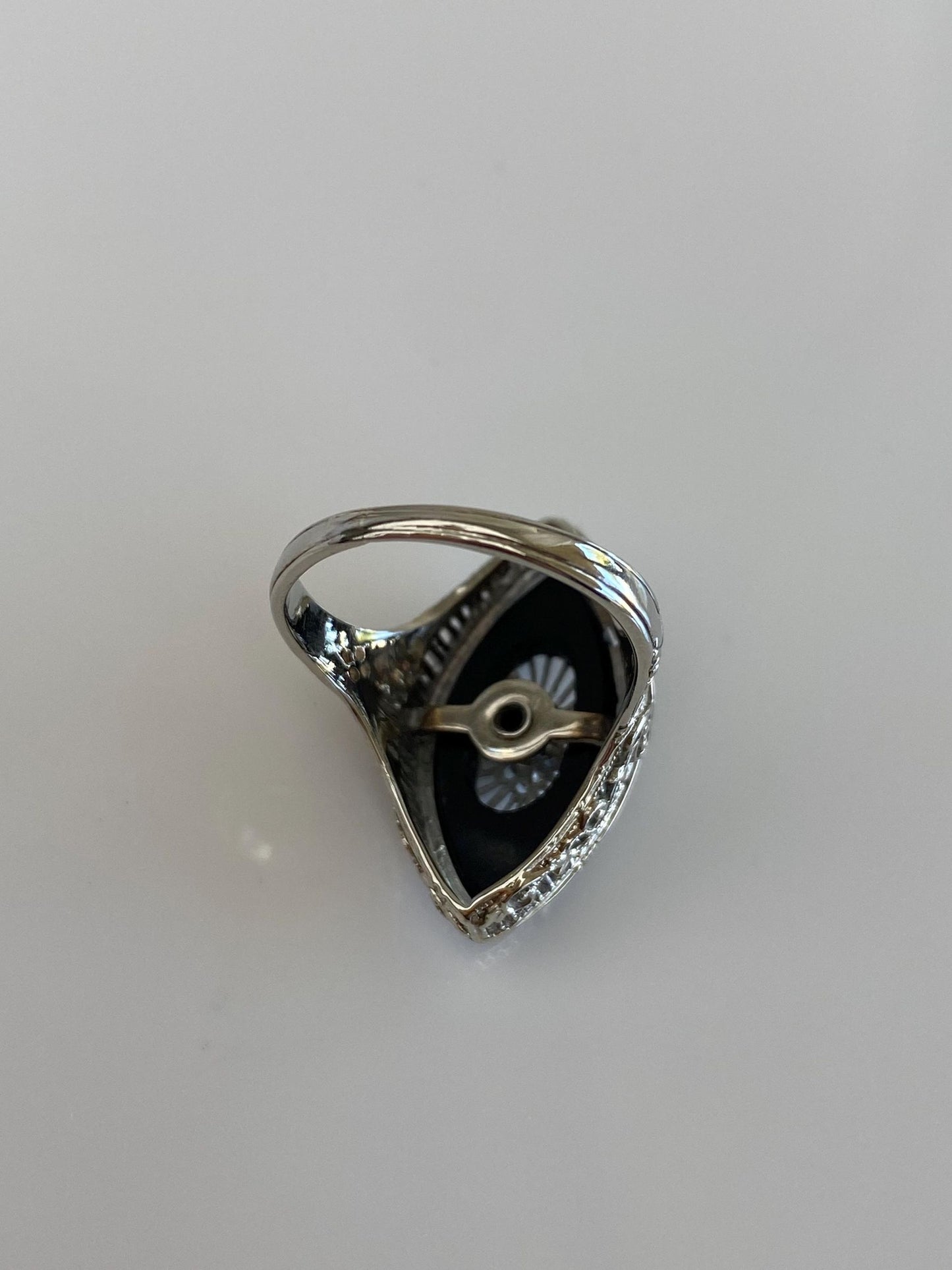 Vintage Solid 14k White Gold Diamond Rose Cut Onyx Art Deco Ring - Size 5.5