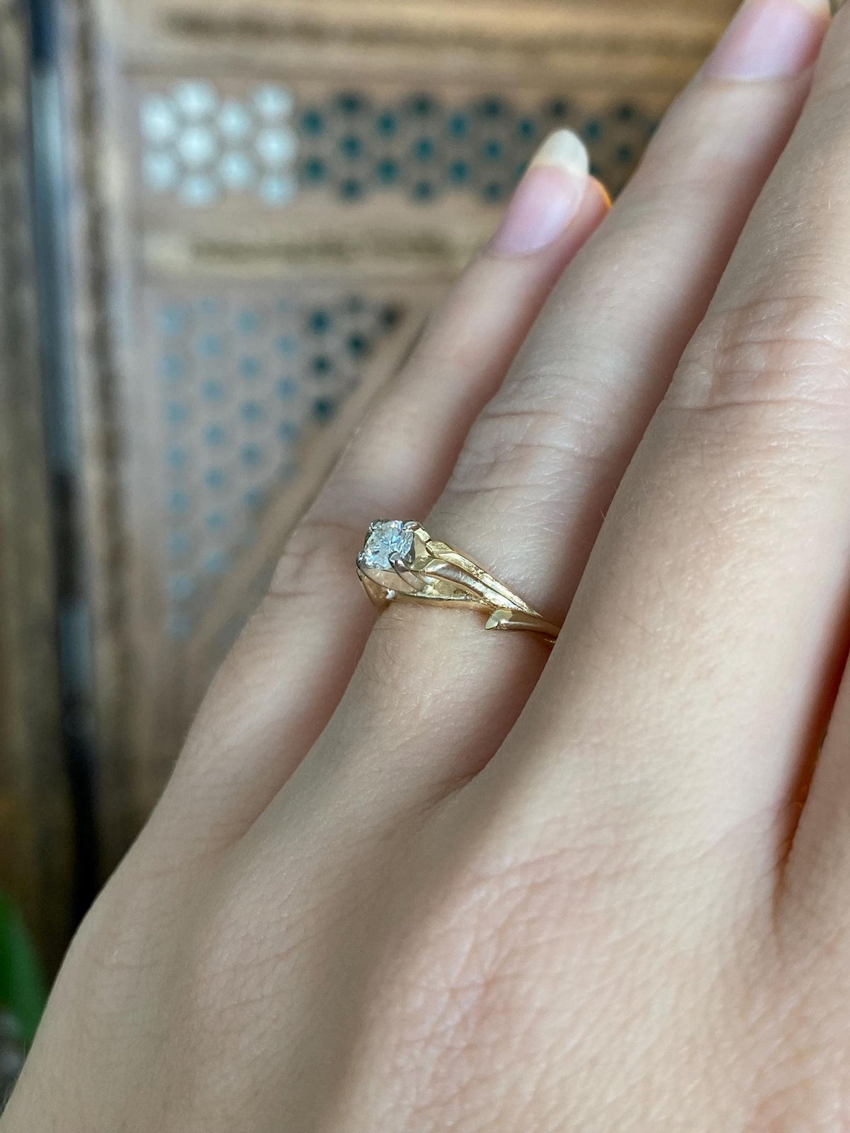 Vintage Solid 14k White & Yellow Gold Diamond Branches Ring - Size 5.75
