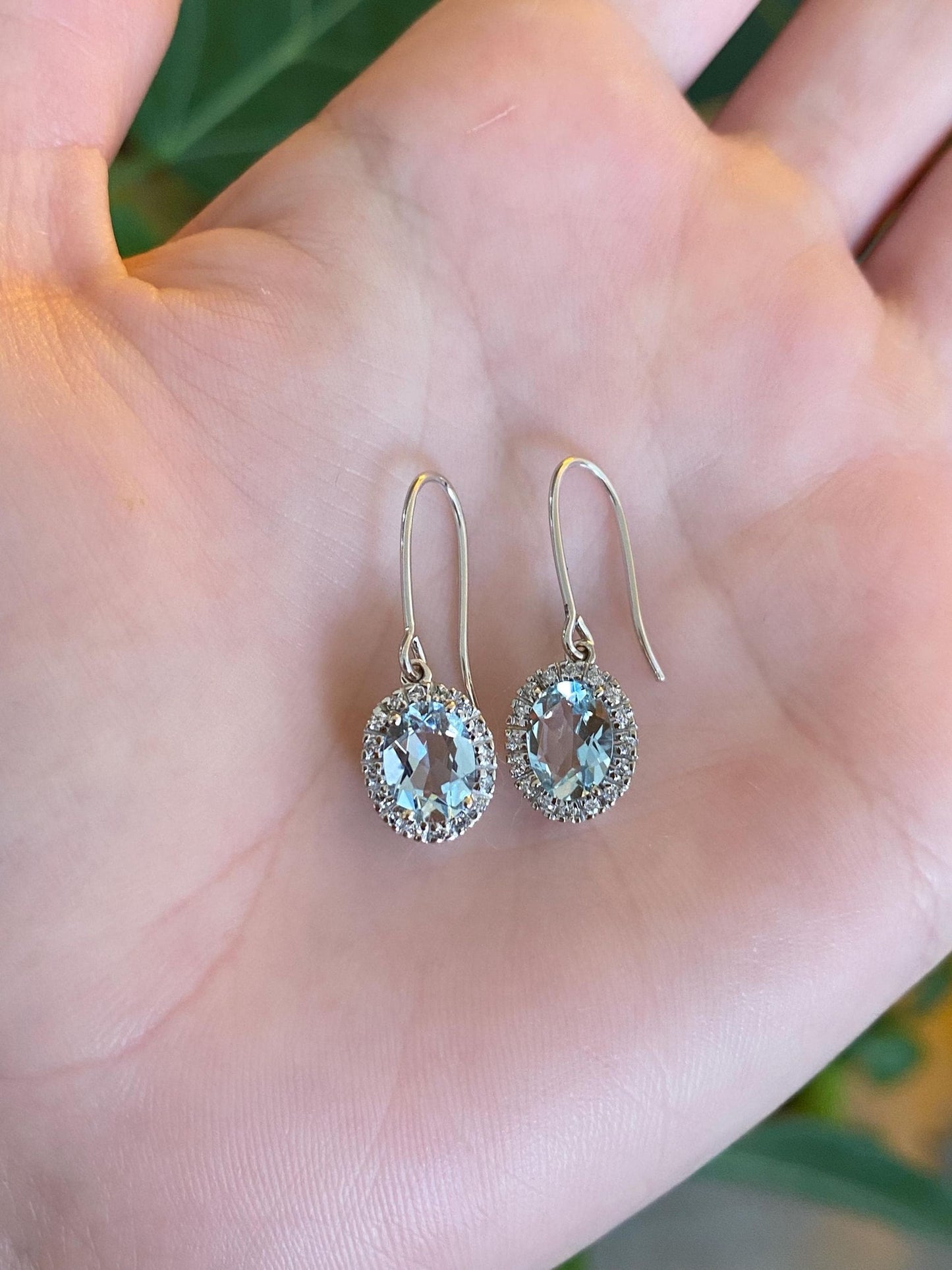 Vintage Solid 14k White Gold Diamond Halo Aquamarine Dangle Earrings