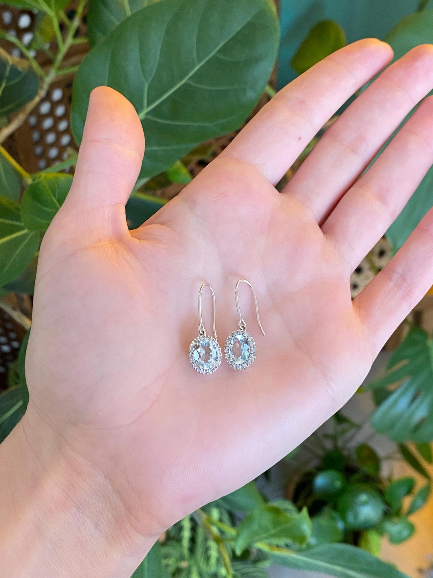 Vintage Solid 14k White Gold Diamond Halo Aquamarine Dangle Earrings
