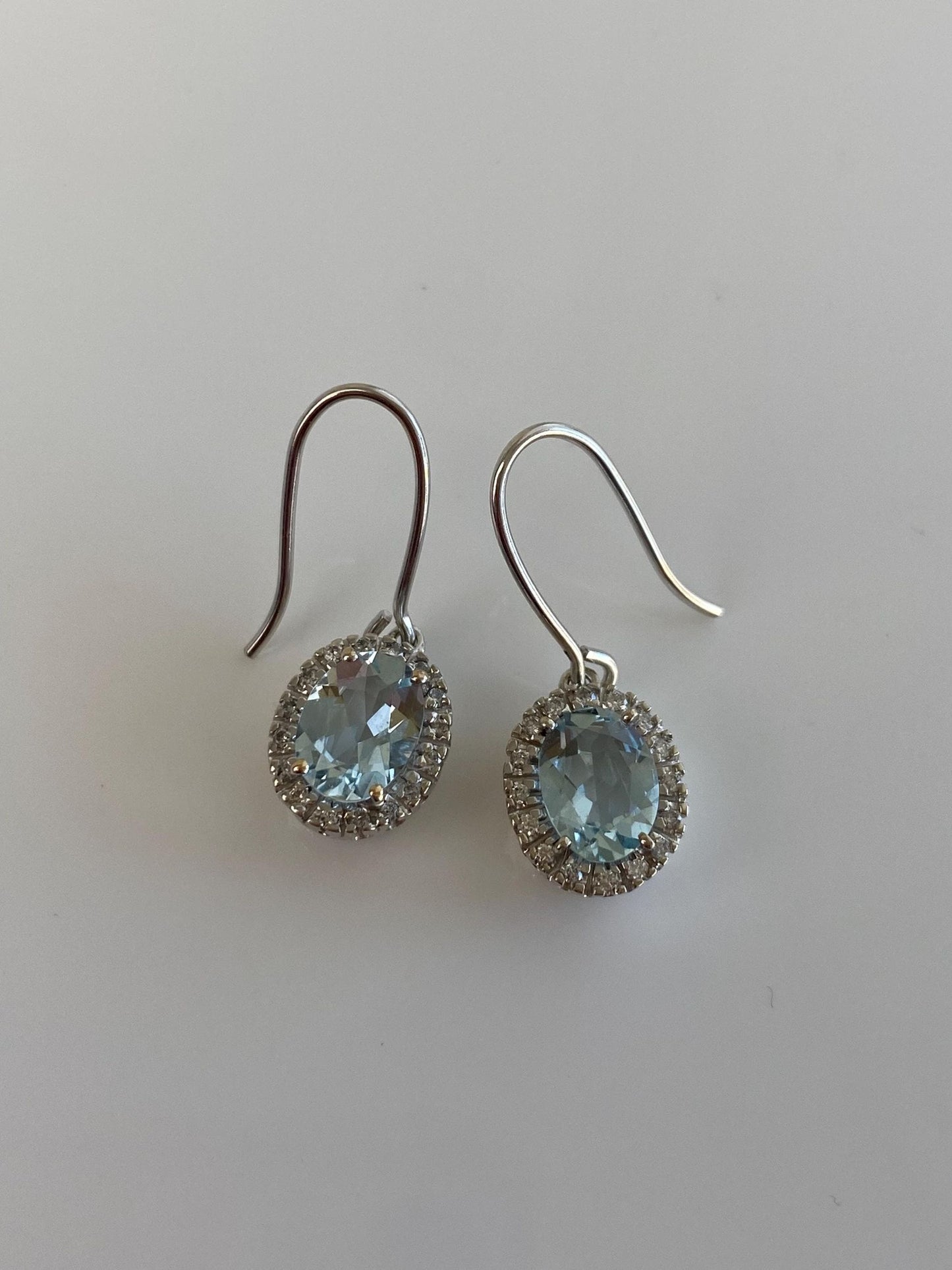 Vintage Solid 14k White Gold Diamond Halo Aquamarine Dangle Earrings