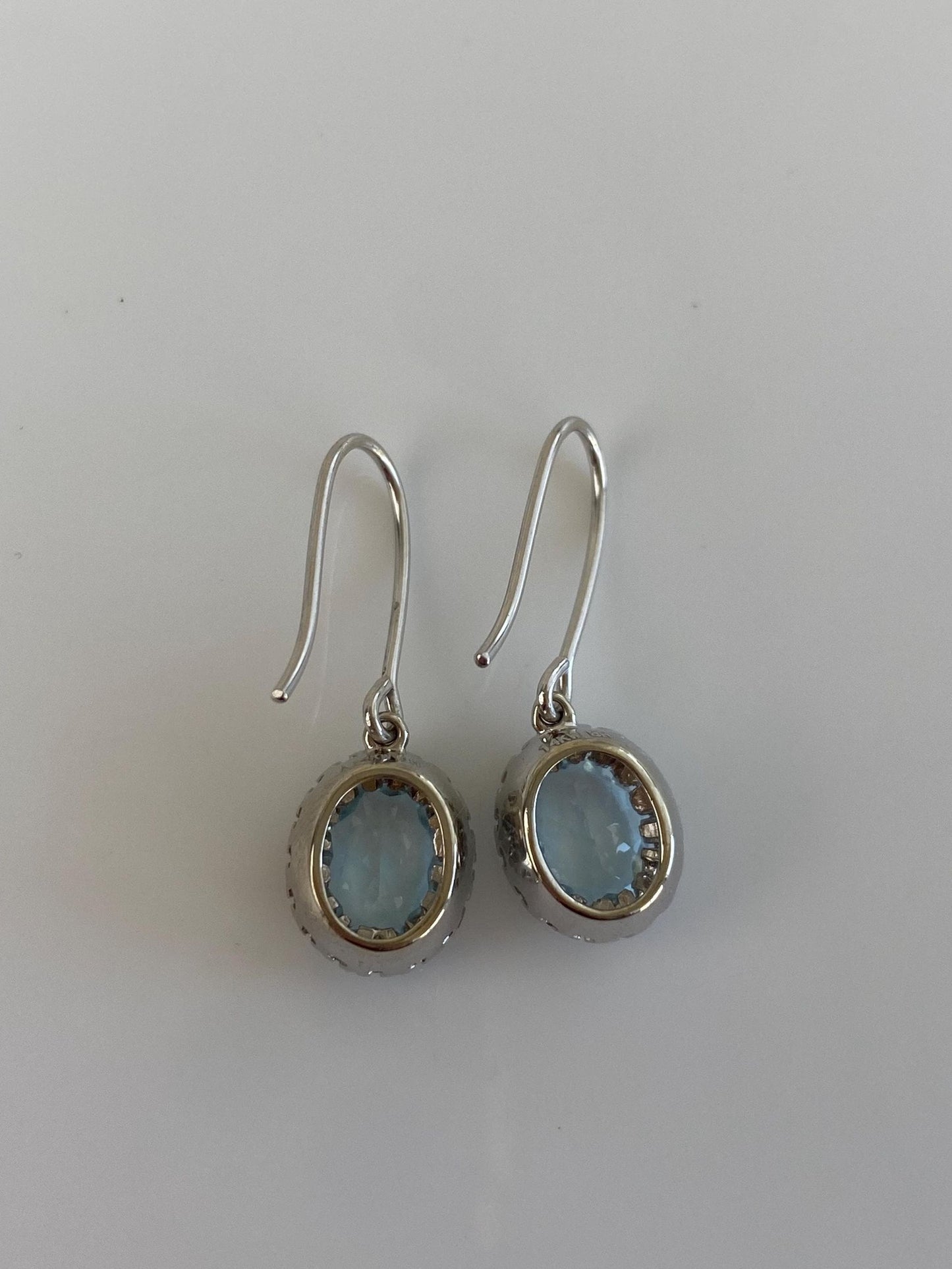 Vintage Solid 14k White Gold Diamond Halo Aquamarine Dangle Earrings