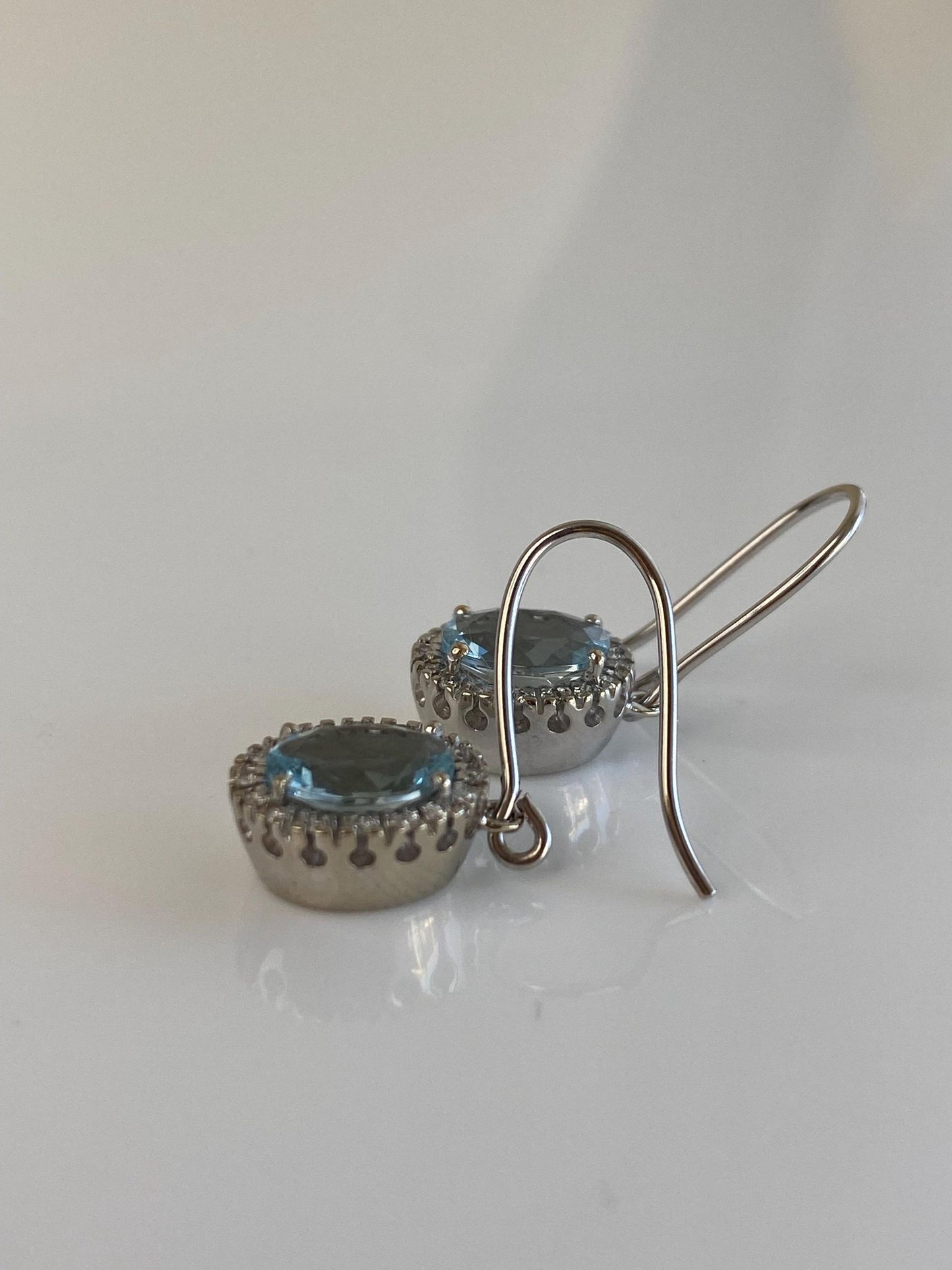 Vintage Solid 14k White Gold Diamond Halo Aquamarine Dangle Earrings