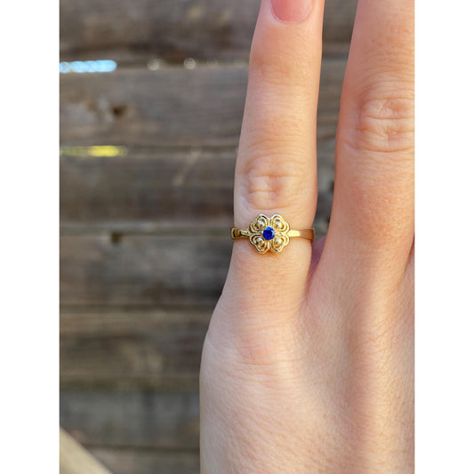 Vintage Solid 14k Yellow Gold Blue Spinel Flower Open Ring - Size 3.5