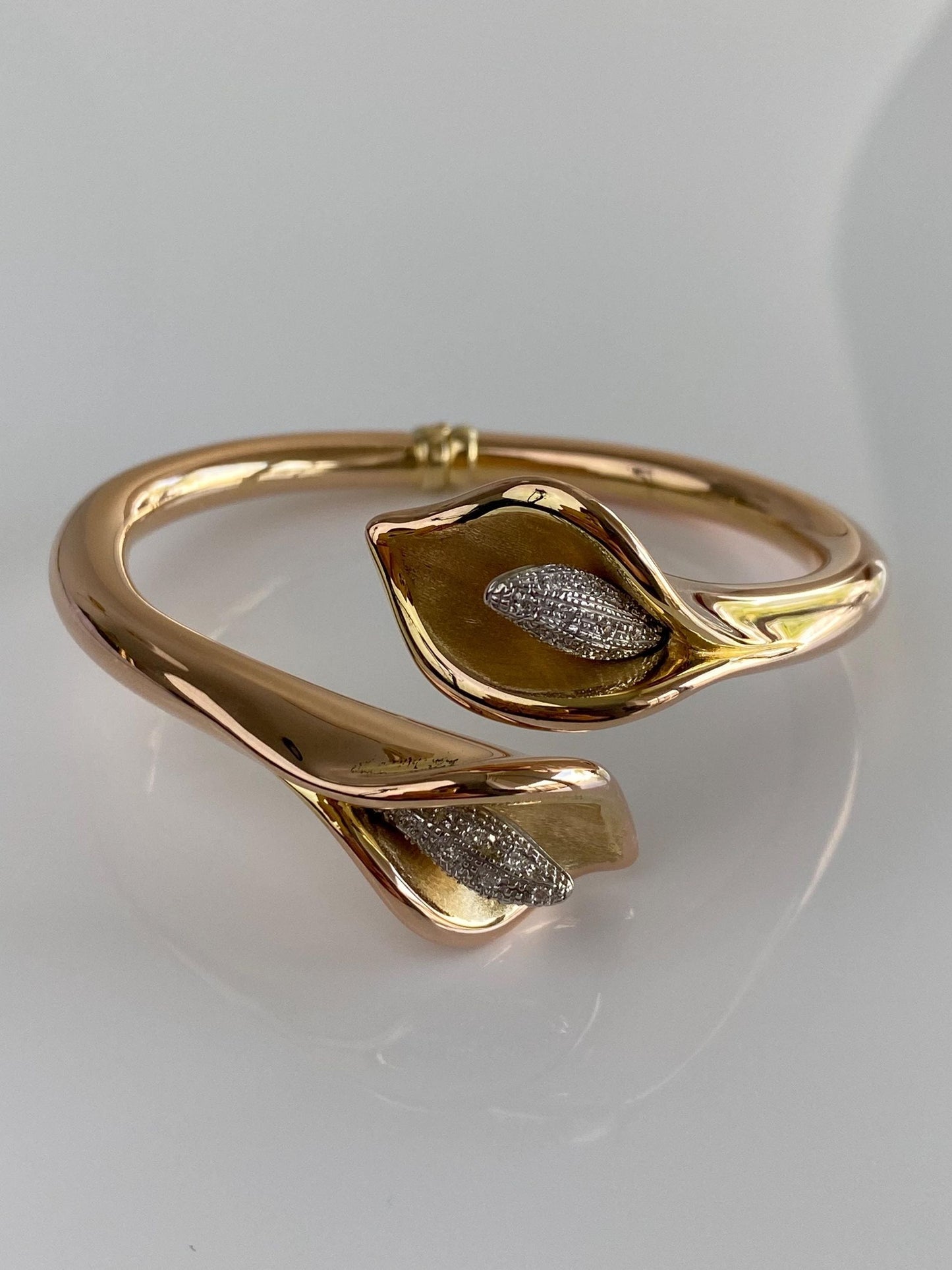 Vintage 14k Rose & Yellow Gold Diamond Lilly Bangle Bracelet - 6.5 Inches