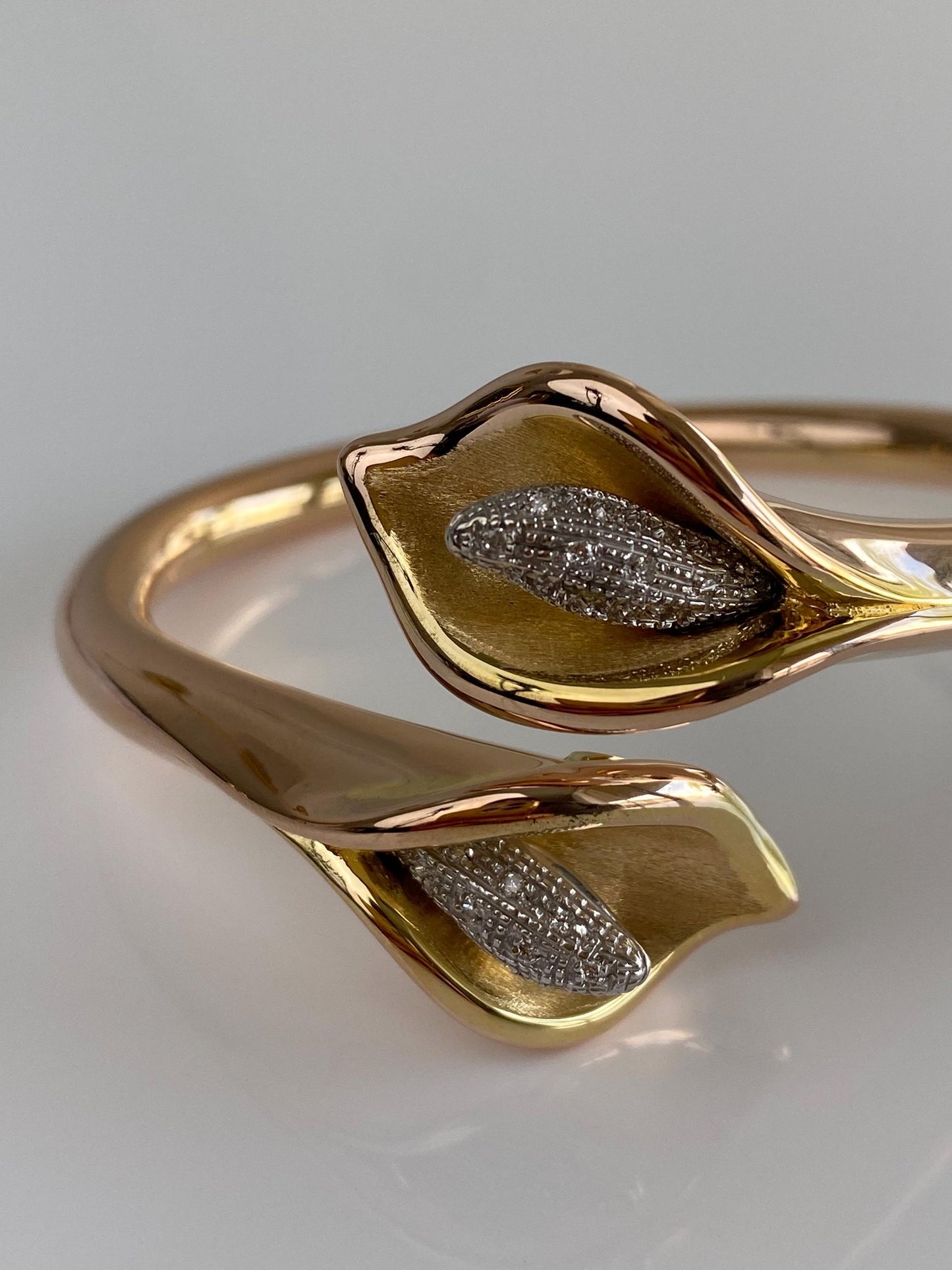 Vintage 14k Rose & Yellow Gold Diamond Lilly Bangle Bracelet - 6.5 Inches