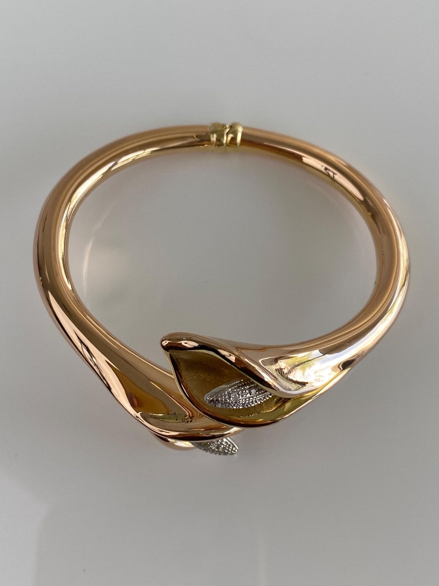 Vintage 14k Rose & Yellow Gold Diamond Lilly Bangle Bracelet - 6.5 Inches