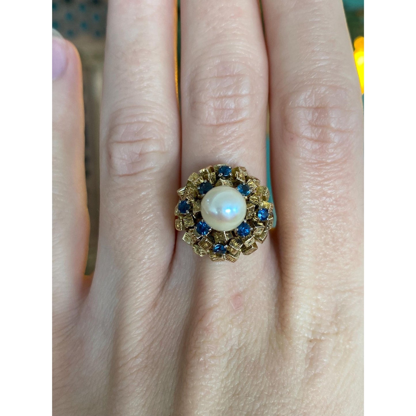 Solid 14k Yellow Gold Pearl Blue Sapphire Cocktail Ring - Size 7.5