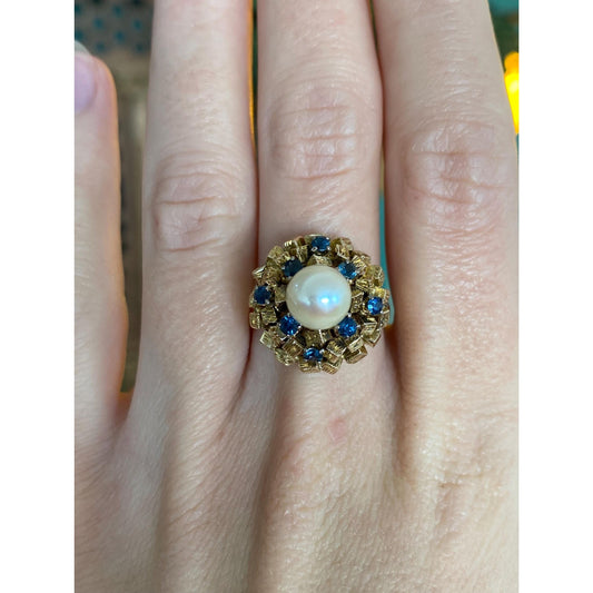 Solid 14k Yellow Gold Pearl Blue Sapphire Cocktail Ring - Size 7.5